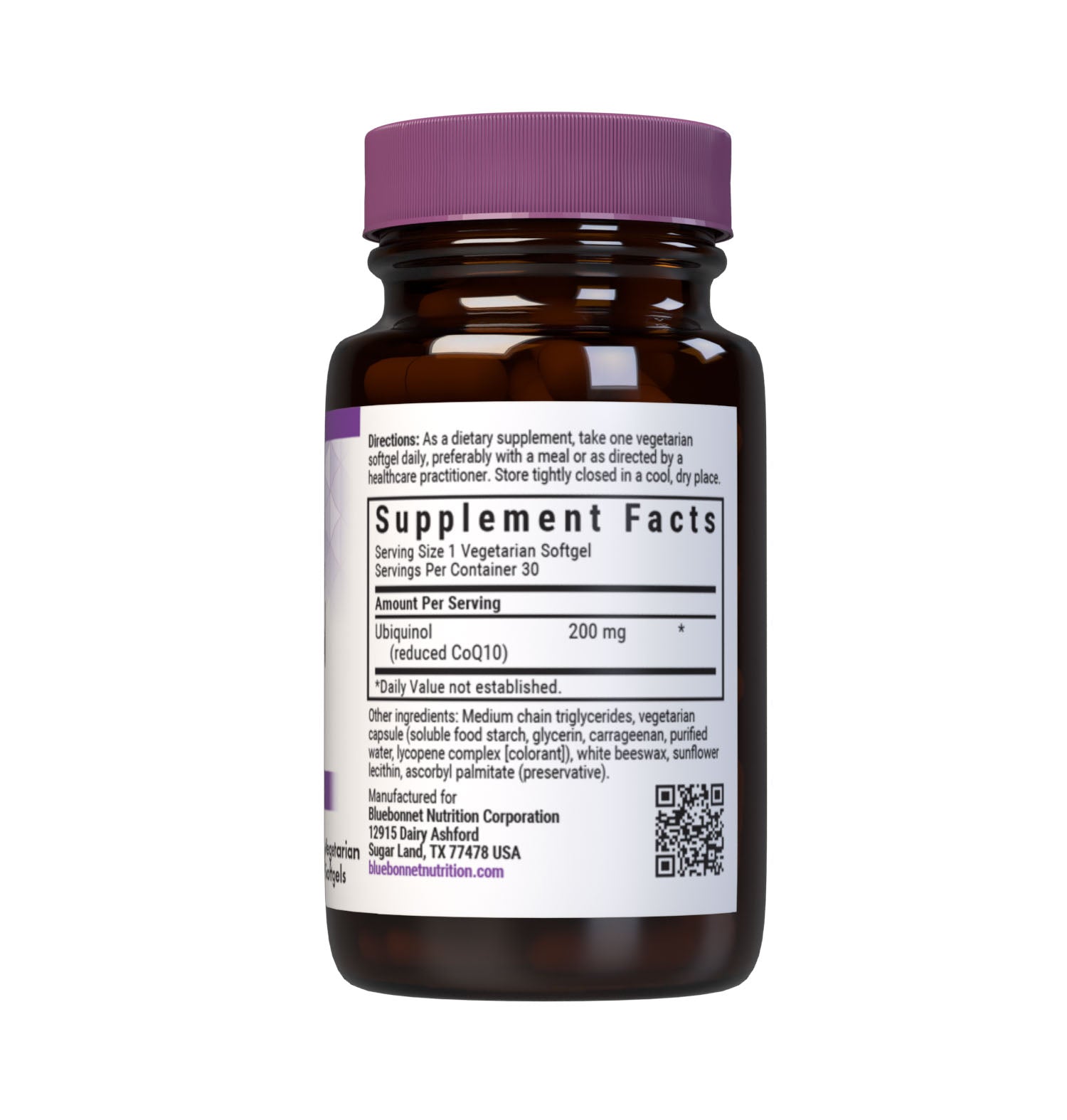 Bluebonnet’s Cellular Active CoQ10 Ubiquinol 30 Vegetarian Softgels are formulated with 200 mg of the active antioxidant form of CoQ10 (ubiquinol), which may support energy levels and heart health. Supplement facts panel. #size_30 count