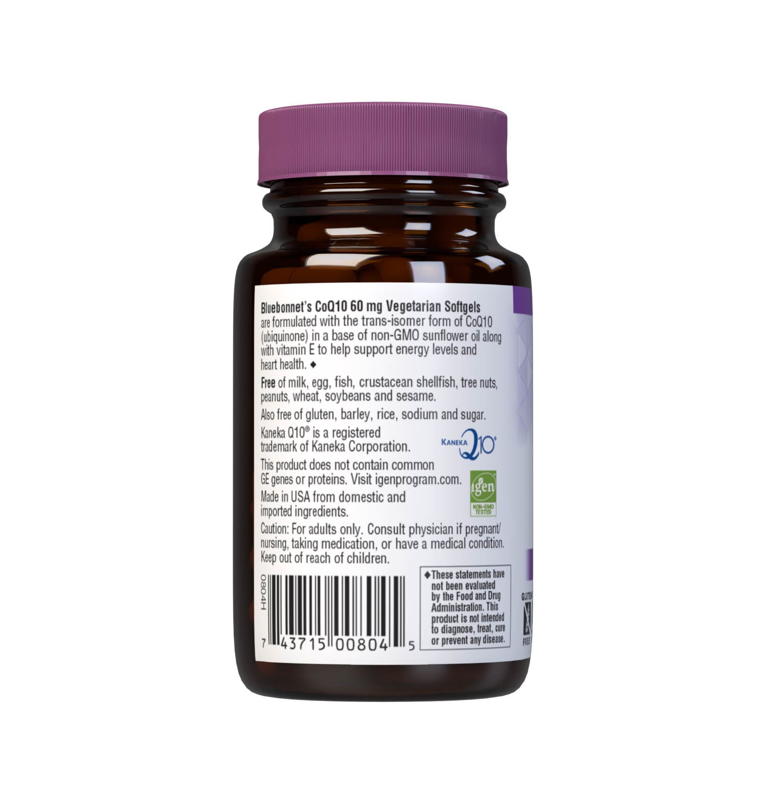 Bluebonnet’s CoQ10 60 mg 30 Vegetarian Softgels are formulated with the “trans-isomer” form of ubiquinone from Kaneka, the world’s largest manufacturer of premium-quality Coenzyme Q-10, in a base of non-GMO sunflower oil plus vitamin E to enhance stability. CoQ10 promotes antioxidant protection and cardiovascular health. Description panel. #size_30 count