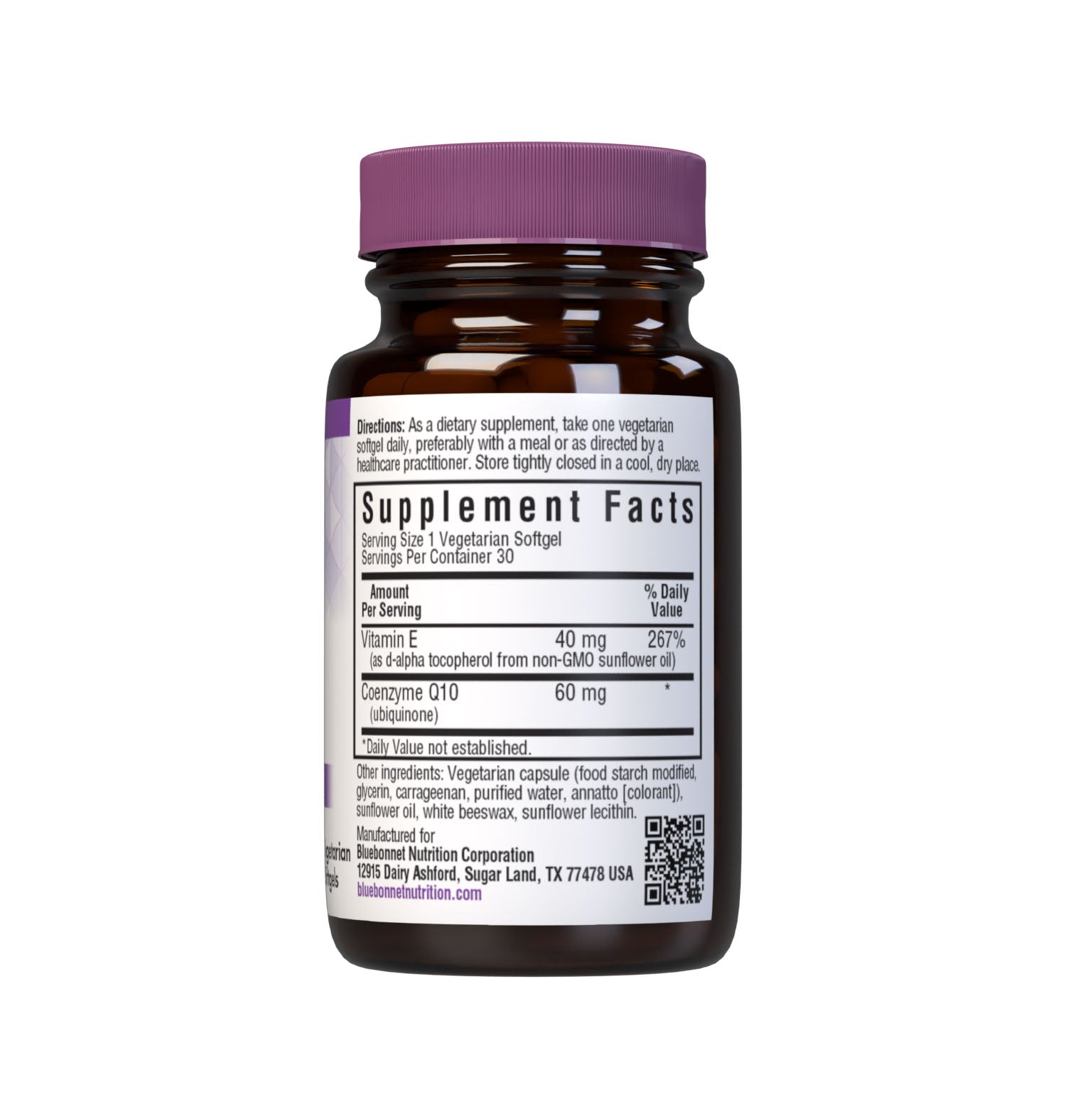 Bluebonnet’s CoQ10 60 mg 30 Vegetarian Softgels are formulated with the “trans-isomer” form of ubiquinone from Kaneka, the world’s largest manufacturer of premium-quality Coenzyme Q-10, in a base of non-GMO sunflower oil plus vitamin E to enhance stability. CoQ10 promotes antioxidant protection and cardiovascular health. Supplement facts panel. #size_30 count