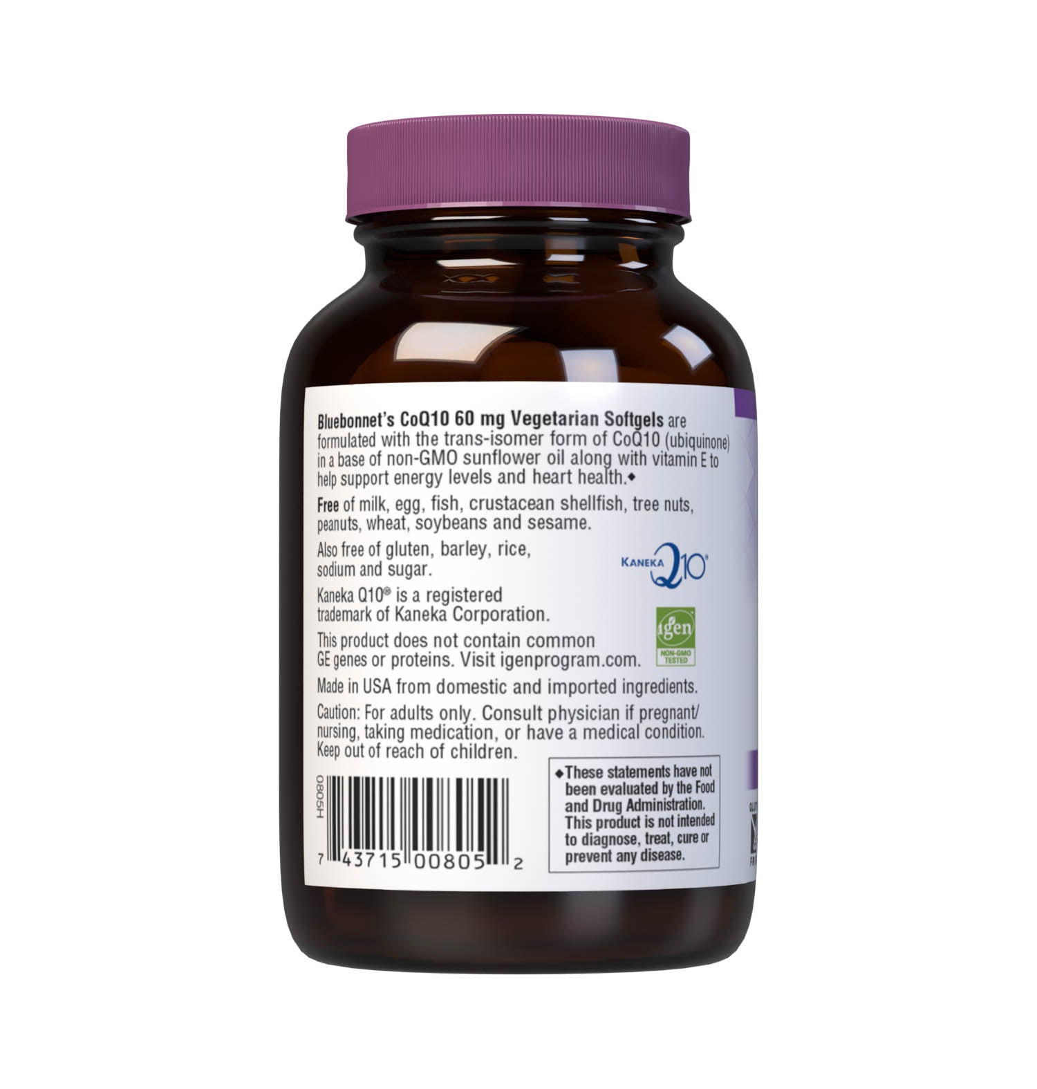 Bluebonnet’s CoQ10 60 mg 60 Vegetarian Softgels are formulated with the “trans-isomer” form of ubiquinone from Kaneka, the world’s largest manufacturer of premium-quality Coenzyme Q-10, in a base of non-GMO sunflower oil plus vitamin E to enhance stability. CoQ10 promotes antioxidant protection and cardiovascular health. Description panel. #size_60 count