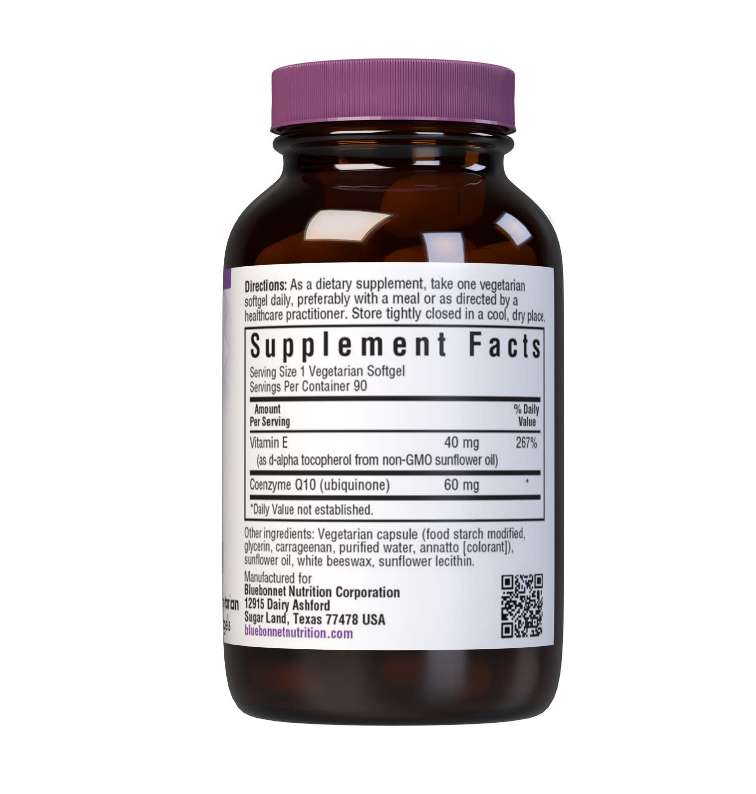 Bluebonnet’s CoQ10 60 mg 90 Vegetarian Softgels are formulated with the “trans-isomer” form of ubiquinone from Kaneka, the world’s largest manufacturer of premium-quality Coenzyme Q-10, in a base of non-GMO sunflower oil plus vitamin E to enhance stability. CoQ10 promotes antioxidant protection and cardiovascular health. Supplement facts panel. #size_90 count