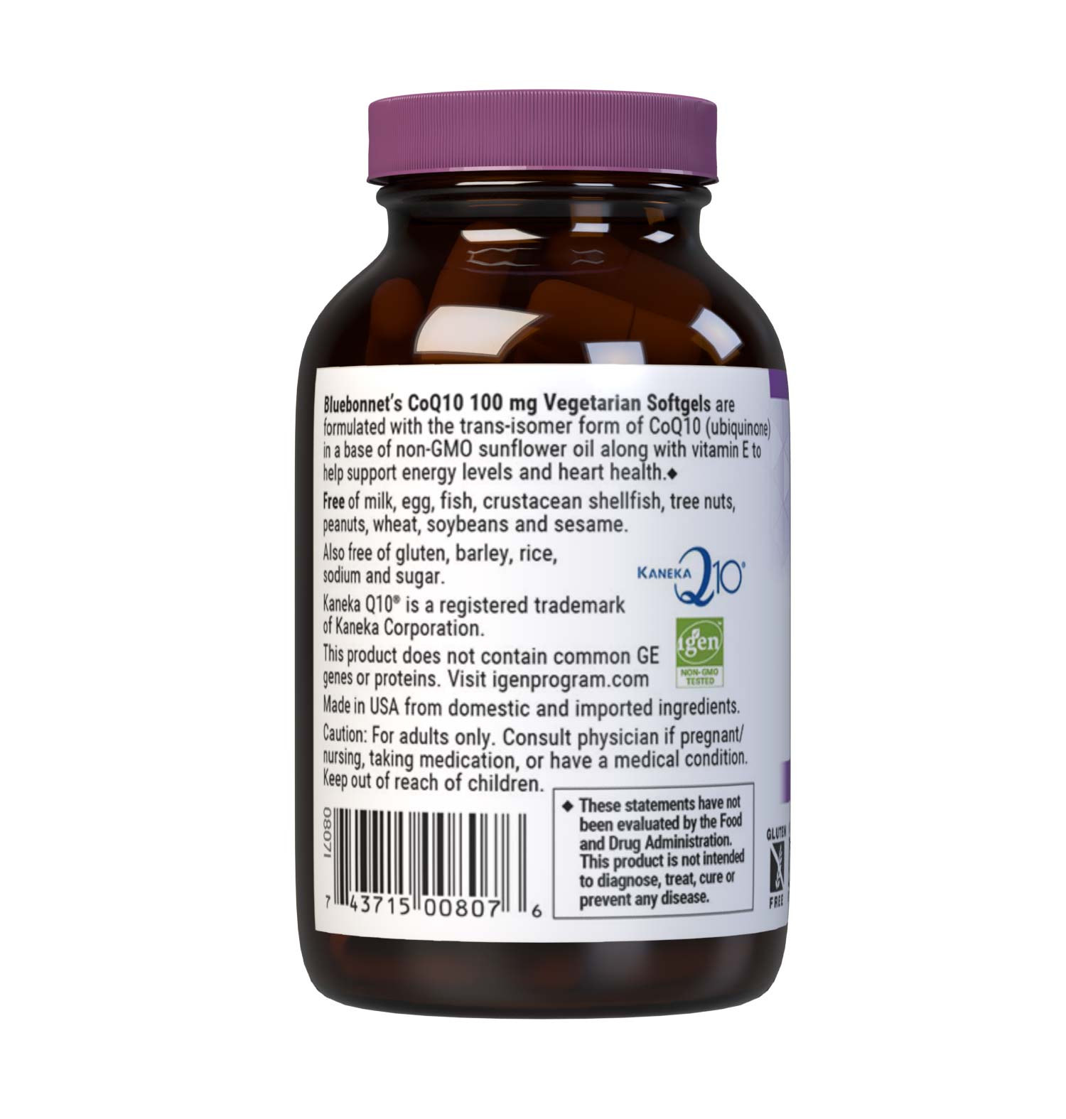 Bluebonnet’s CoQ10 100 mg 30 Vegetarian Softgels are formulated with the trans-isomer form of CoQ10 (ubiquinone) in a base of non-GMO sunflower oil along with vitamin E to support energy levels and cardiovascular health. Description panel. #size_30 count
