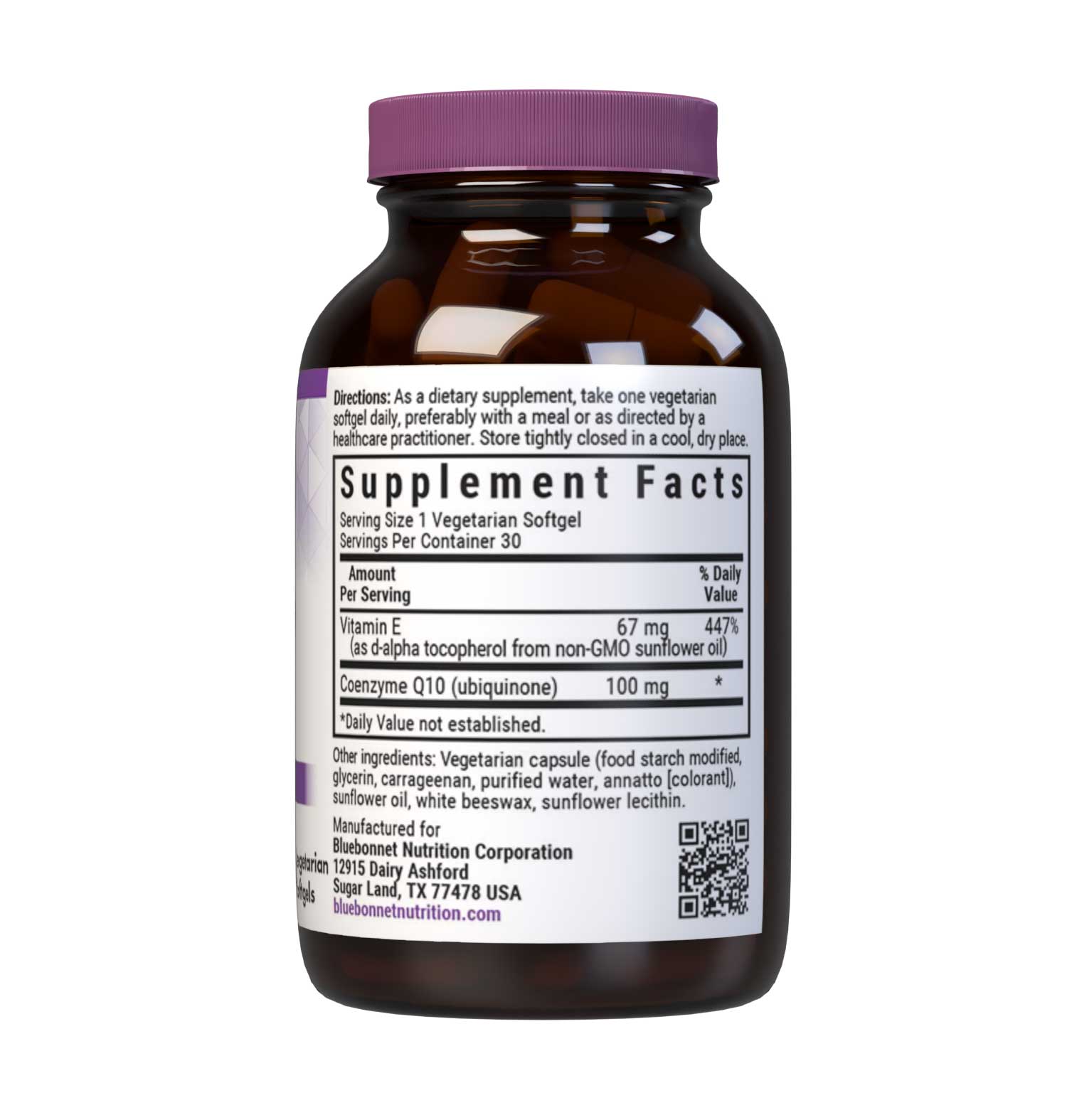 Bluebonnet’s CoQ10 100 mg 30 Vegetarian Softgels are formulated with the trans-isomer form of CoQ10 (ubiquinone) in a base of non-GMO sunflower oil along with vitamin E to support energy levels and cardiovascular health. Supplement facts panel. #size_30 count