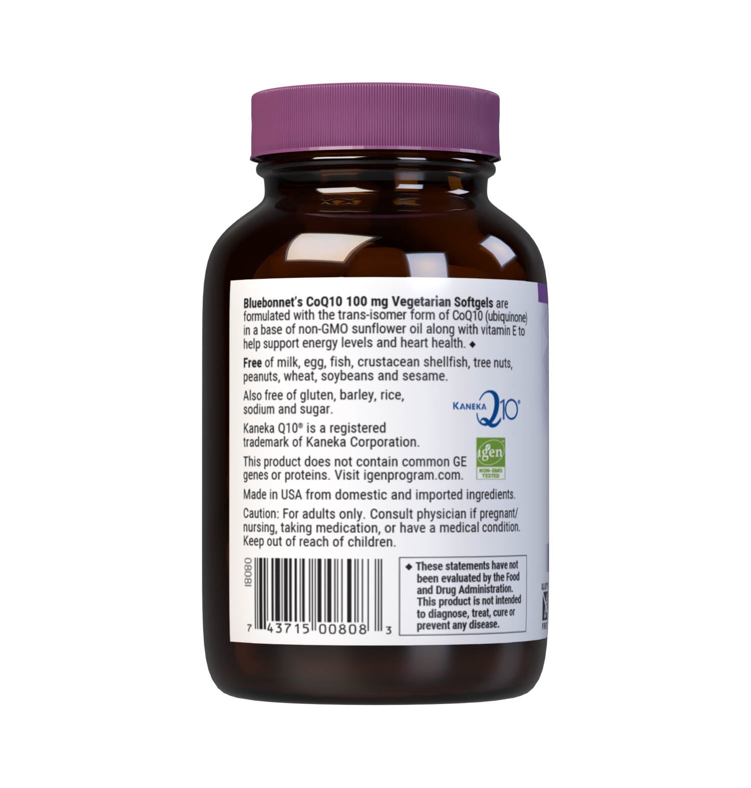 Bluebonnet’s CoQ10 100 mg 60 Vegetarian Softgels are formulated with the trans-isomer form of CoQ10 (ubiquinone) in a base of non-GMO sunflower oil along with vitamin E to support energy levels and cardiovascular health. Description panel. #size_60 count