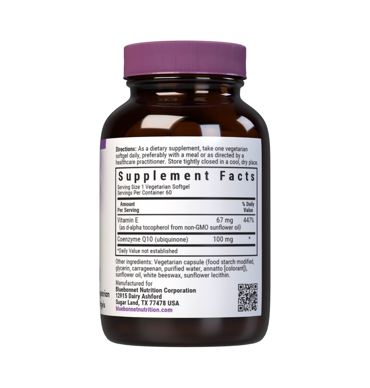 Bluebonnet’s CoQ10 100 mg 60 Vegetarian Softgels are formulated with the trans-isomer form of CoQ10 (ubiquinone) in a base of non-GMO sunflower oil along with vitamin E to support energy levels and cardiovascular health. Supplement facts panel. #size_60 count