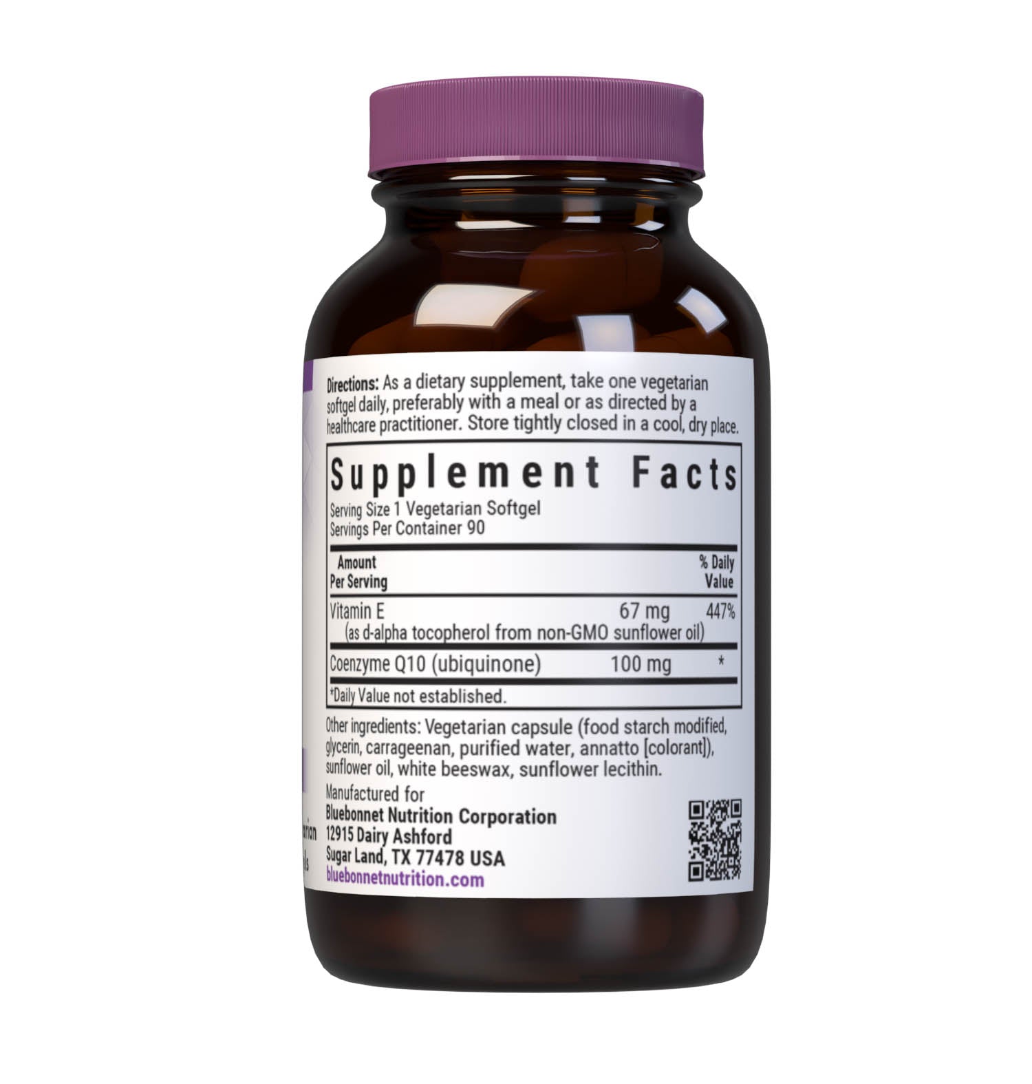 Bluebonnet’s CoQ10 100 mg 90 Vegetarian Softgels are formulated with the trans-isomer form of CoQ10 (ubiquinone) in a base of non-GMO sunflower oil along with vitamin E to support energy levels and cardiovascular health. Supplement facts panel. #size_90 count