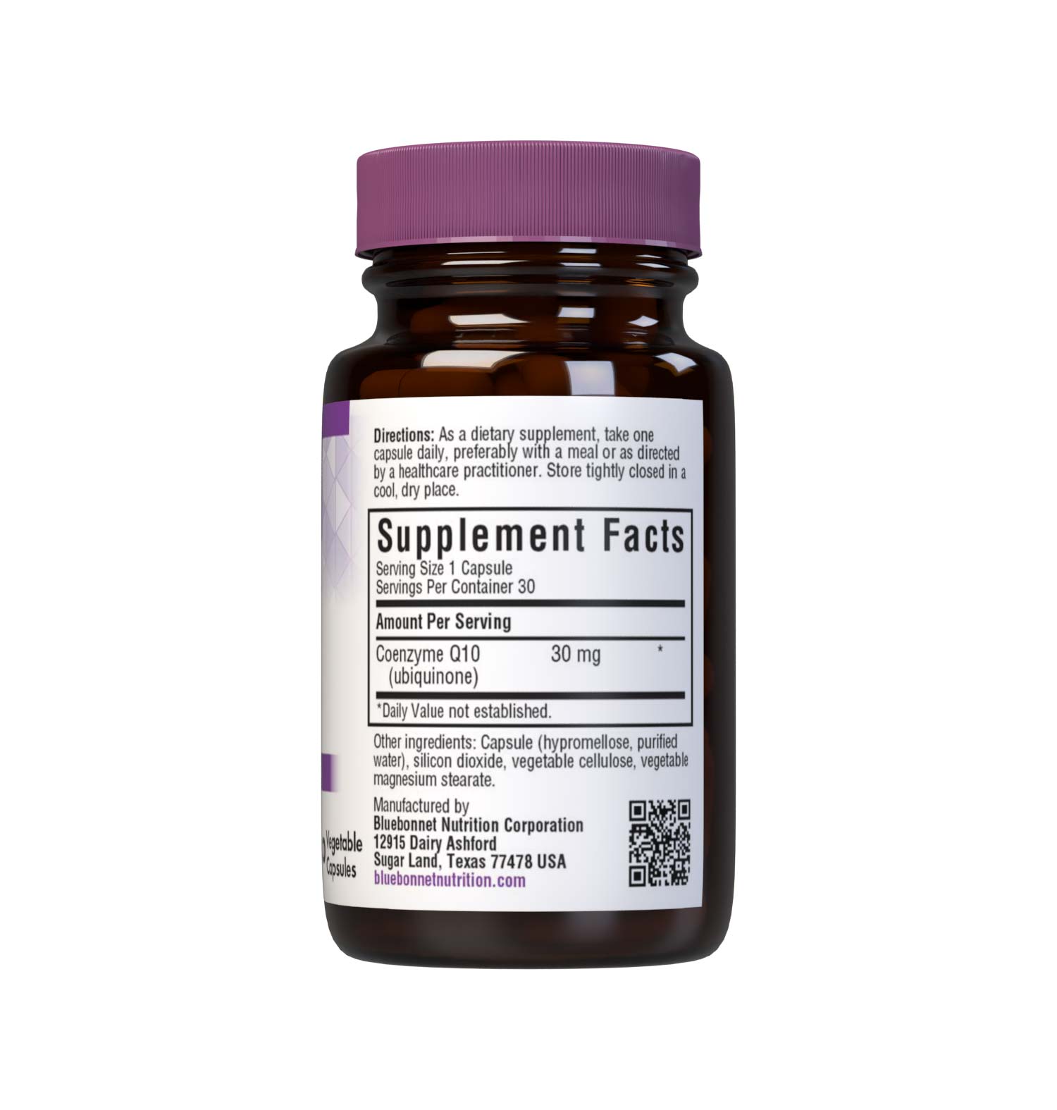 Bluebonnet’s CoQ10 30 mg 30 Vegetable Capsules provide 100% “trans-isomer” coenzyme Q10. Supplement facts panel. #size_30 count
