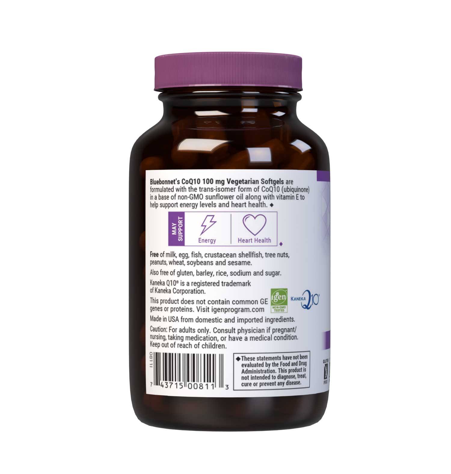 Bluebonnet’s CoQ10 100 mg 120 Vegetarian Softgels are formulated with the trans-isomer form of CoQ10 (ubiquinone) in a base of non-GMO sunflower oil along with vitamin E to support energy levels and cardiovascular health. Description panel. #size_120 count