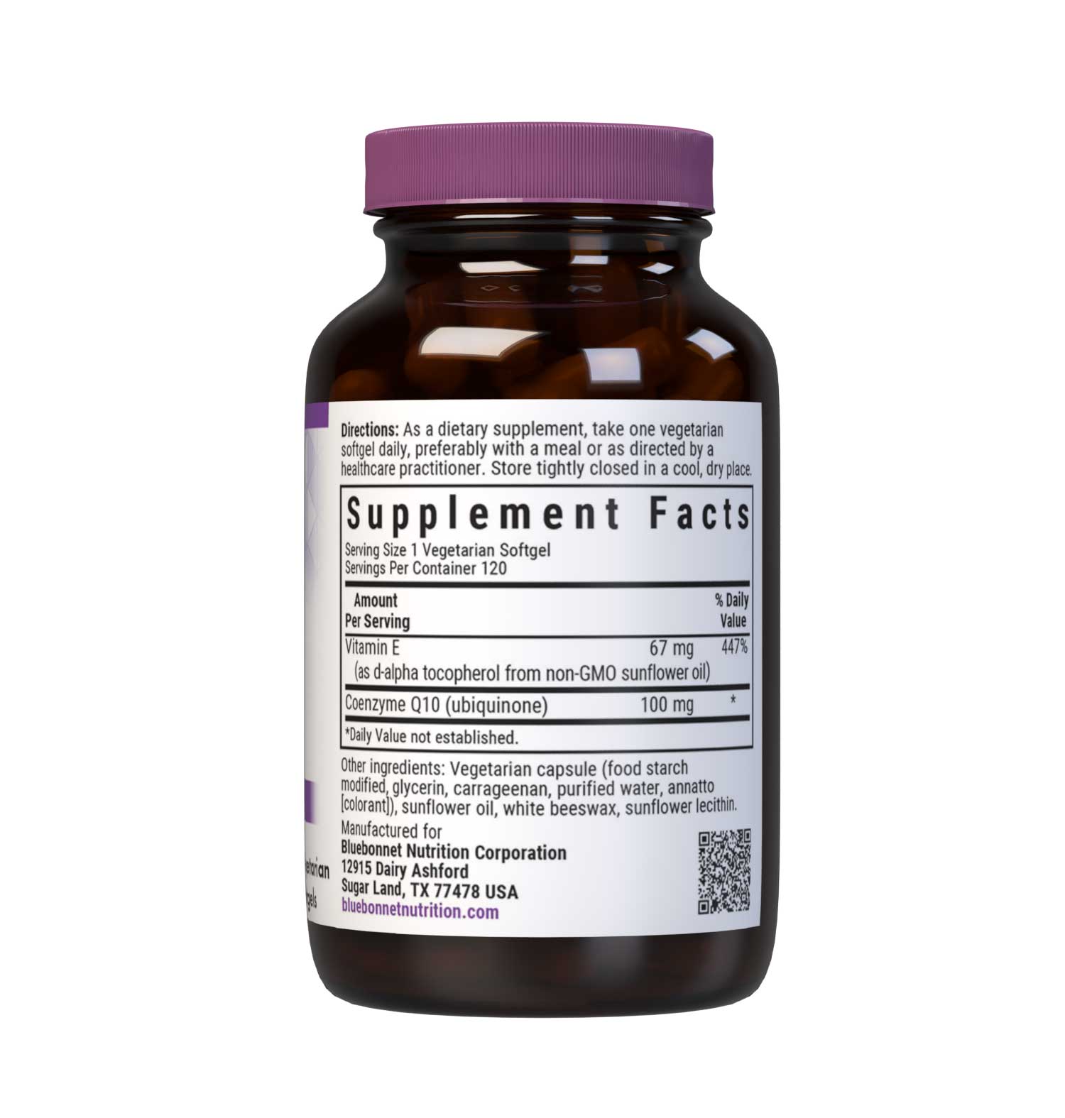 Bluebonnet’s CoQ10 100 mg 120 Vegetarian Softgels are formulated with the trans-isomer form of CoQ10 (ubiquinone) in a base of non-GMO sunflower oil along with vitamin E to support energy levels and cardiovascular health. Supplement facts panel. #size_120 count