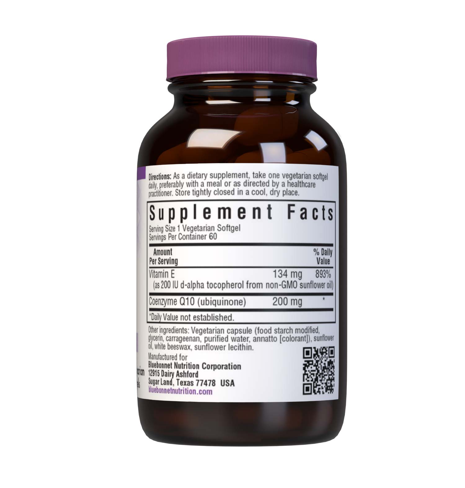 Bluebonnet’s CoQ10 200 mg 60 Vegetarian Softgels are formulated with the trans-isomer form of CoQ10 (ubiquinone) in a base of non-GMO sunflower oil along with vitamin E to help support energy levels and heart health. Supplement facts panel. #size_60 count