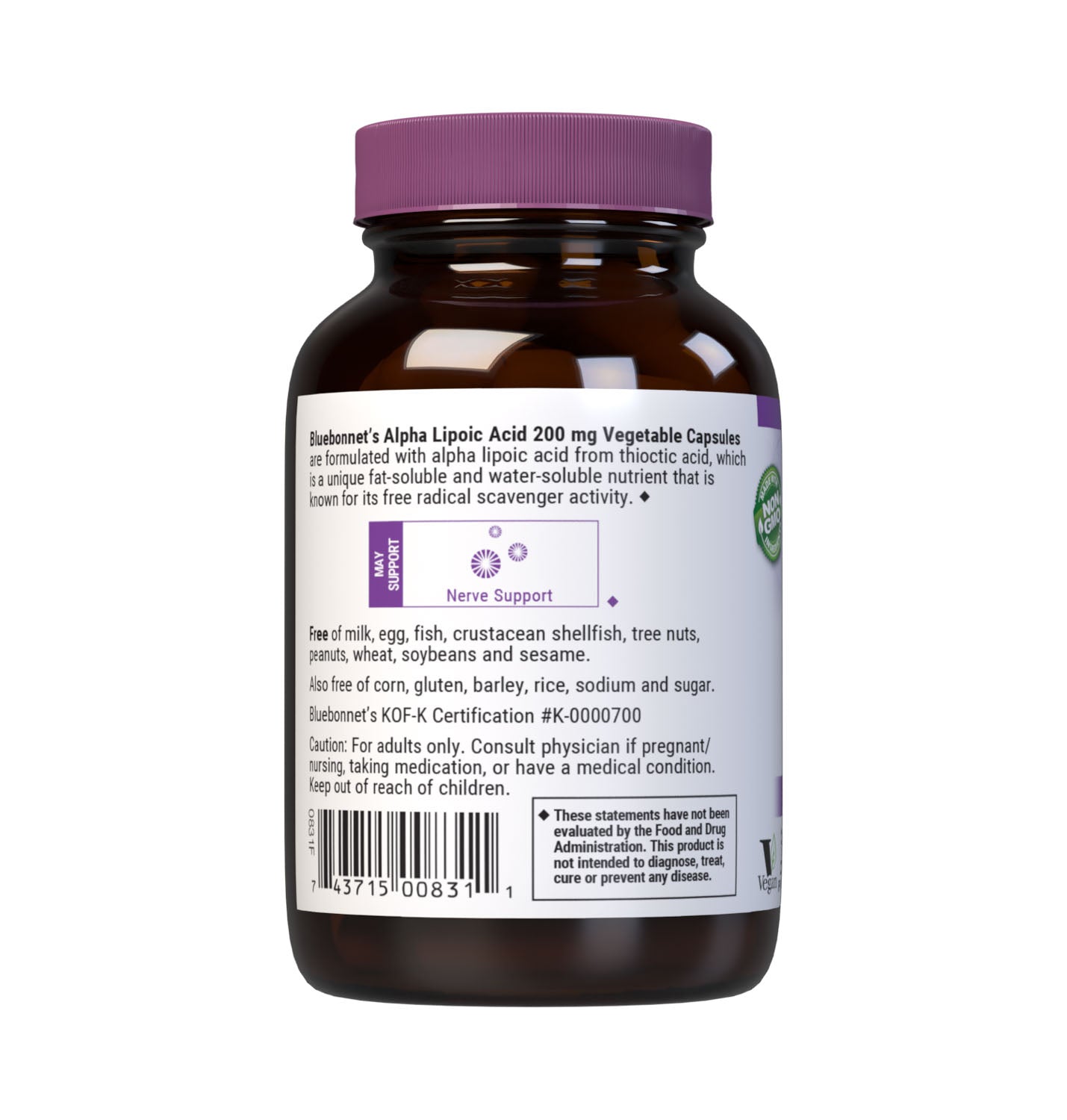 Bluebonnet’s Alpha Lipoic Acid 200 mg 60 Vegetable Capsules are formulated with alpha lipoic acid from thiotic acid. Alpha lipoic acid is a unique antioxidant that is both fat-soluble and water-soluble, and is known for its free radical scavenger activity. Description panel. #size_60 count