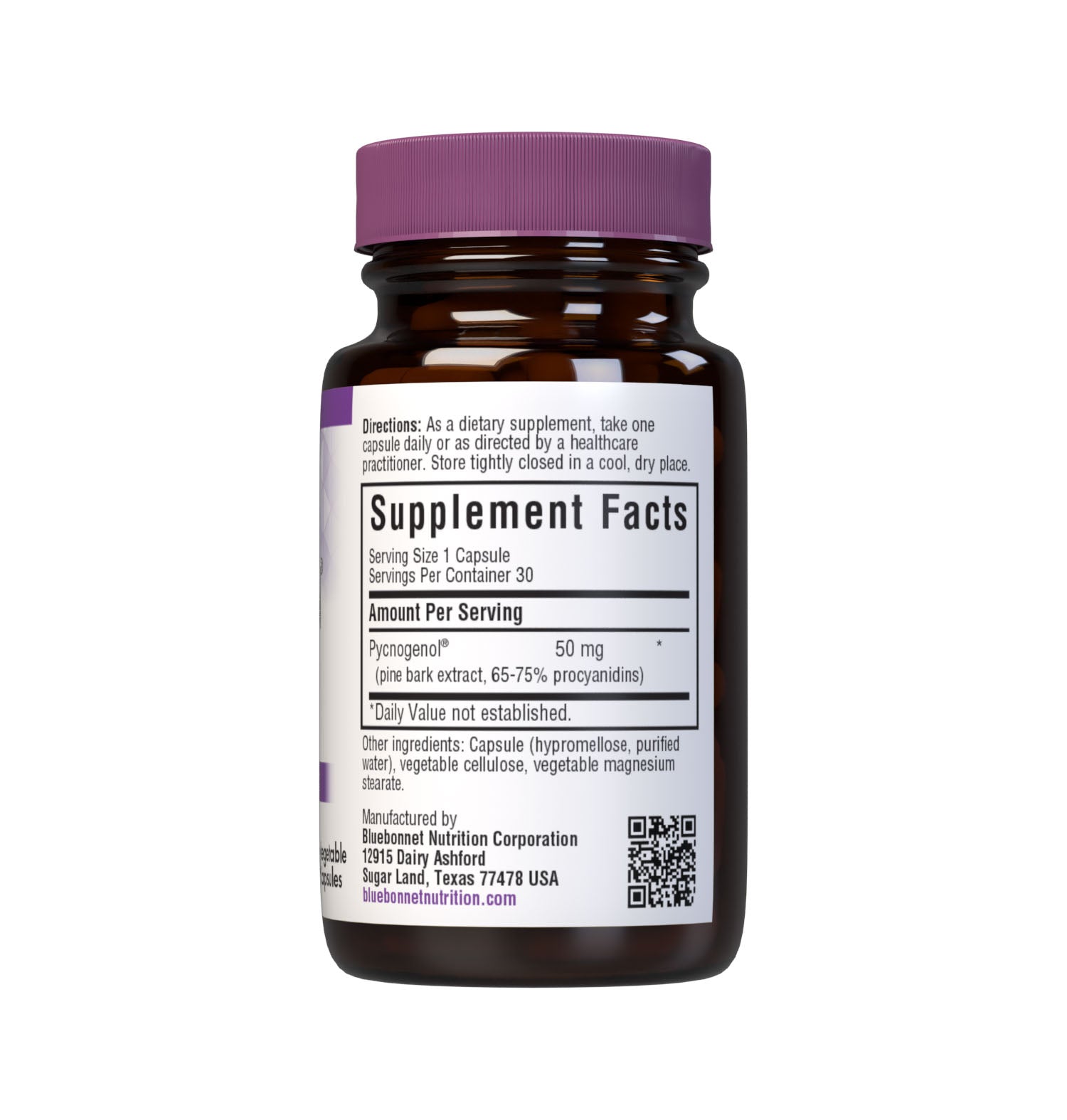 Bluebonnet’s Pycnogenol 50 mg 30 Vegetable Capsules are derived from the bark of the European coastal pine, Pinus maritima. Pycnogenol is a plant extract concentrated in oligomeric proanthocyanidins (OPCs), a water-soluble bioflavonoid. Pycnogenol may help support vascular function and immune response. Supplement facts panel. #size_30 count