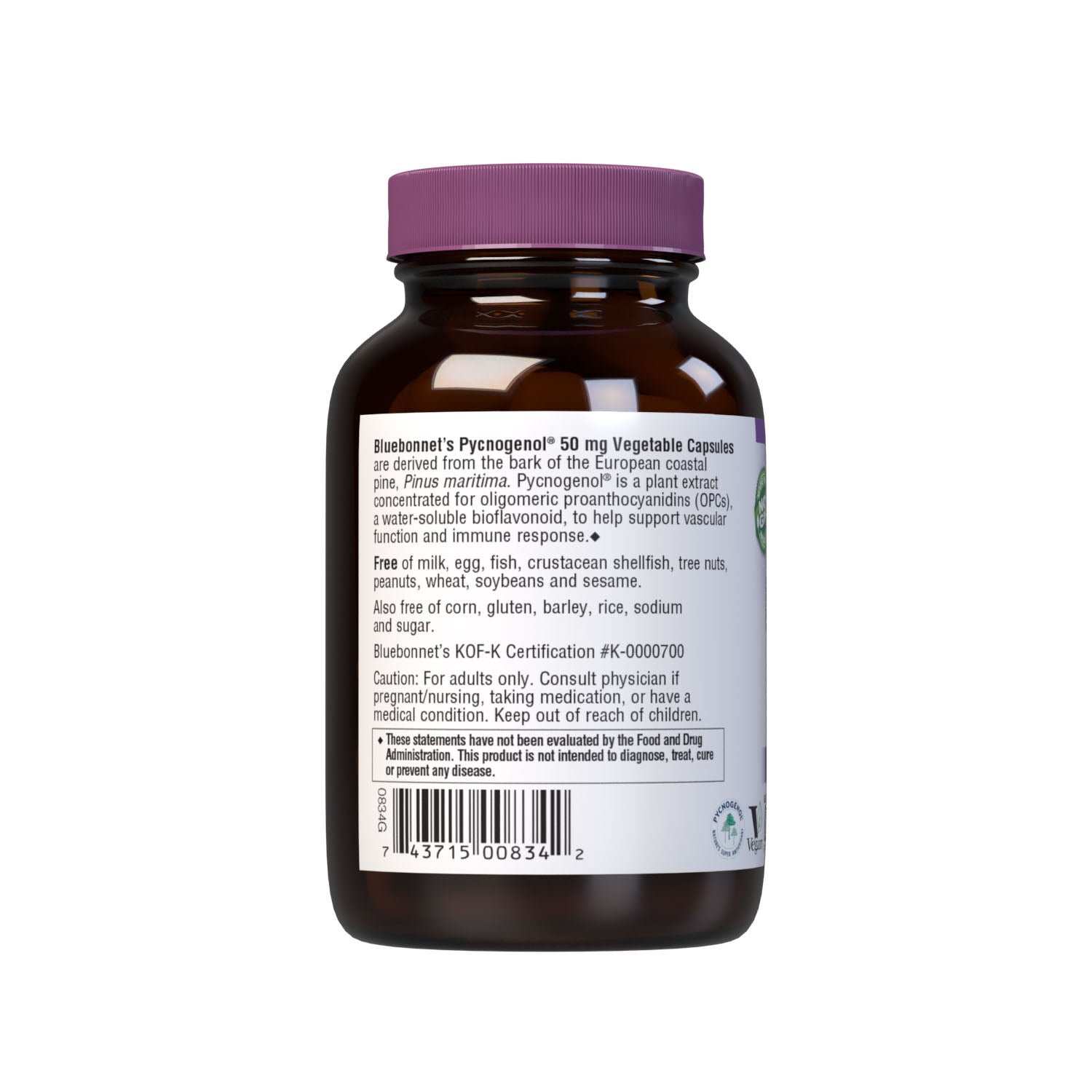 Bluebonnet’s Pycnogenol 50 mg 60 Vegetable Capsules are derived from the bark of the European coastal pine, Pinus maritima. Pycnogenol is a plant extract concentrated in oligomeric proanthocyanidins (OPCs), a water-soluble bioflavonoid. Pycnogenol may help support vascular function and immune response. Description panel. #size_60 count