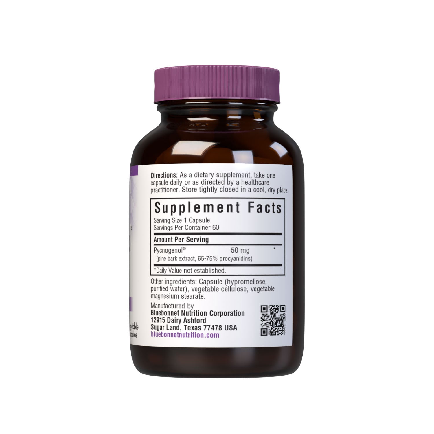 Bluebonnet’s Pycnogenol 50 mg 60 Vegetable Capsules are derived from the bark of the European coastal pine, Pinus maritima. Pycnogenol is a plant extract concentrated in oligomeric proanthocyanidins (OPCs), a water-soluble bioflavonoid. Pycnogenol may help support vascular function and immune response. Supplement facts panel. #size_60 count