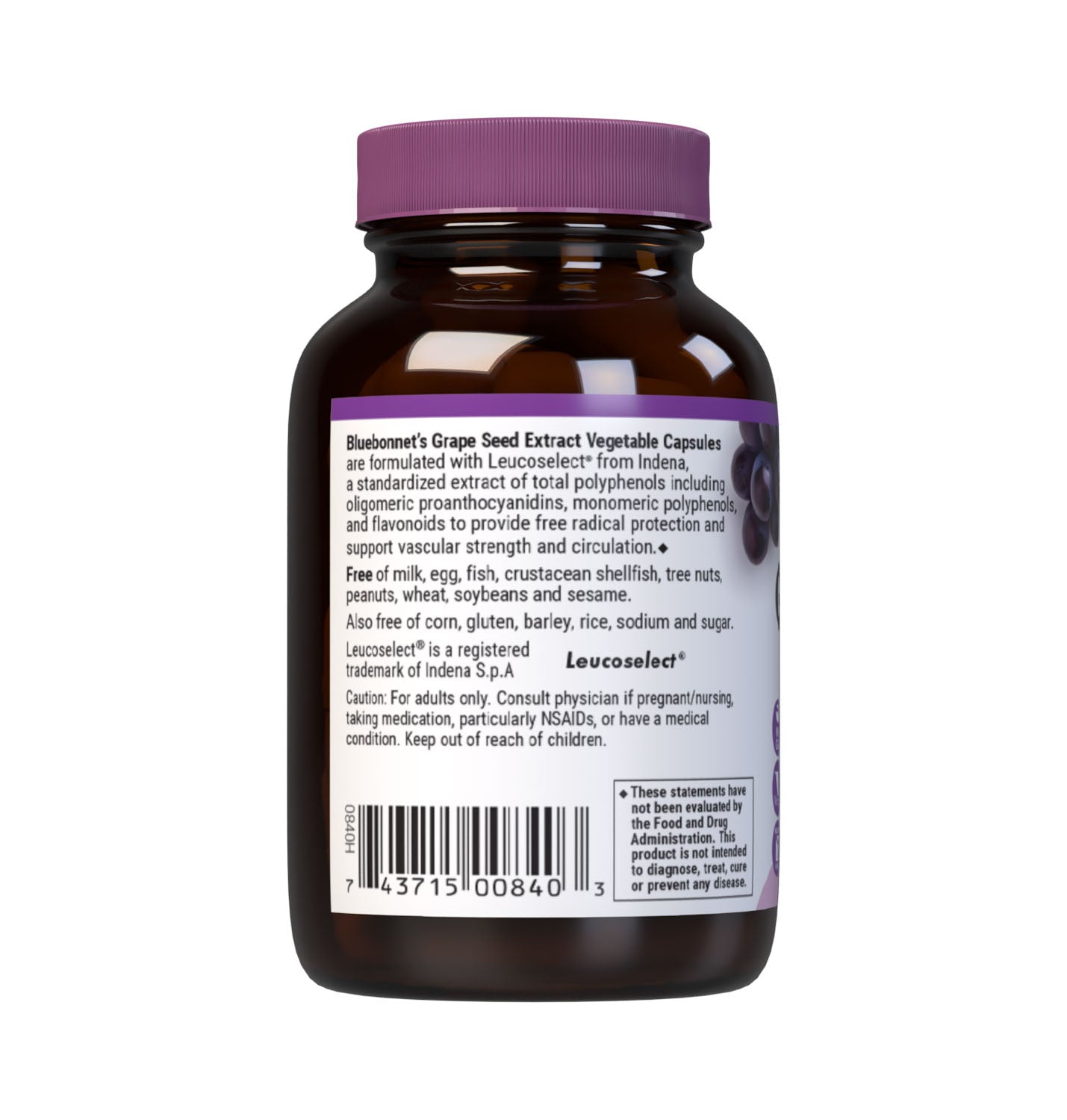 Bluebonnet’s Super Fruit Grape Seed Extract 60 Vegetable Capsules are derived from Champagne grape seeds imported from France. These special grape seeds are turned into an extract known as Leucoselect supplying 100 mg per serving of grape seed extract standardized to 95% total polyphenols including oligomeric proanthocyanidins, monomeric polyphenols and flavonoids. Description panel. #size_60 count