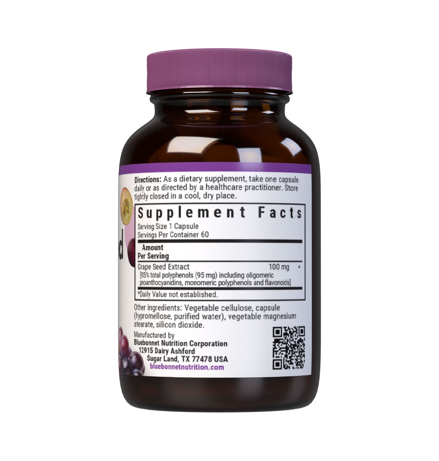Bluebonnet’s Super Fruit Grape Seed Extract 60 Vegetable Capsules are derived from Champagne grape seeds imported from France. These special grape seeds are turned into an extract known as Leucoselect supplying 100 mg per serving of grape seed extract standardized to 95% total polyphenols including oligomeric proanthocyanidins, monomeric polyphenols and flavonoids. Supplement facts panel. #size_60 count