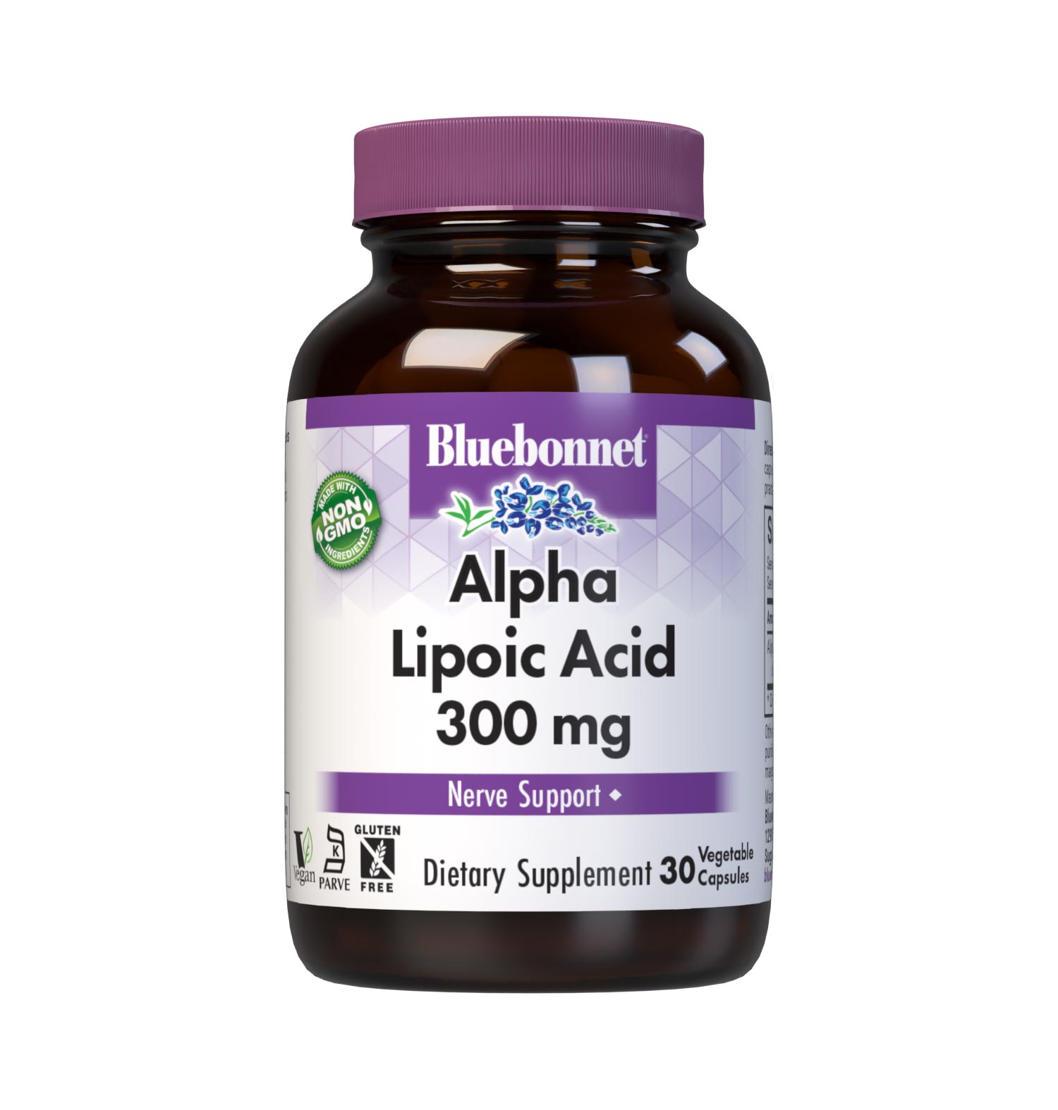 Bluebonnet's Alpha Lipoic Acid 300 mg 30 Vegetable Capsules are formulated with the powerful free radical scavenger alpha lipoic acid in its crystalline form. Alpha lipoic acid is unique in that it is both fat-soluble and water-soluble, and supports the production of glutathione and the recycling of the vitamins C and E for cellular protection. #size_30 count