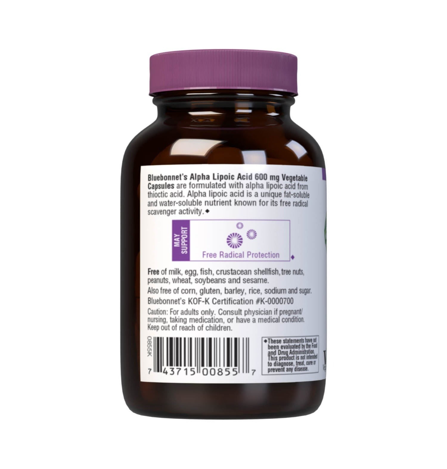 Bluebonnet’s Alpha Lipoic Acid 600 mg 30 Vegetable Capsules are formulated with alpha lipoic acid in its crystalline form. Alpha lipoic acid is a unique antioxidant that is both fat-soluble and water-soluble, and is known for its free radical scavenger activity. Description panel. #size_30 count