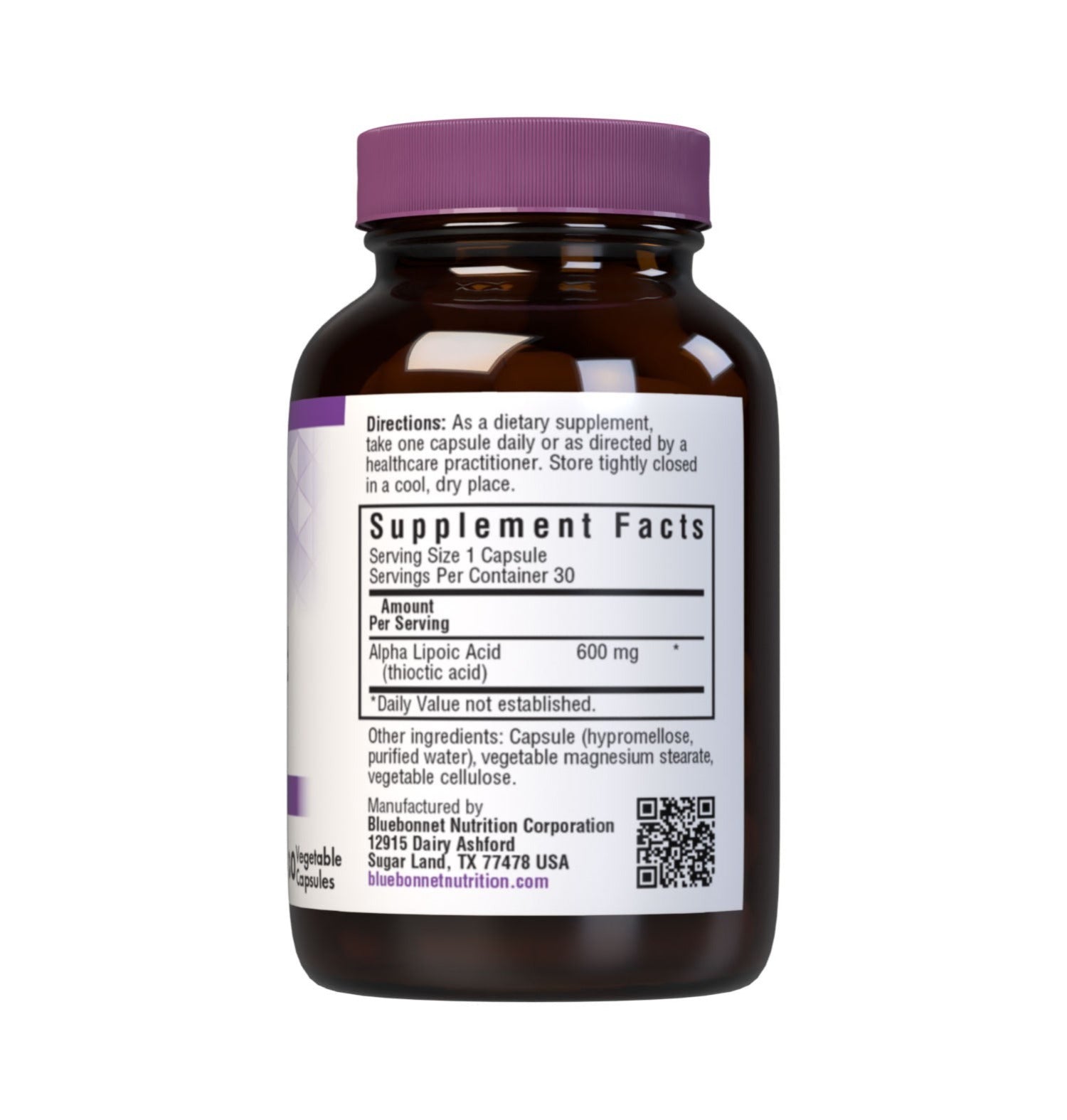 Bluebonnet’s Alpha Lipoic Acid 600 mg 30 Vegetable Capsules are formulated with alpha lipoic acid in its crystalline form. Alpha lipoic acid is a unique antioxidant that is both fat-soluble and water-soluble, and is known for its free radical scavenger activity. Supplement facts panel. #size_30 count