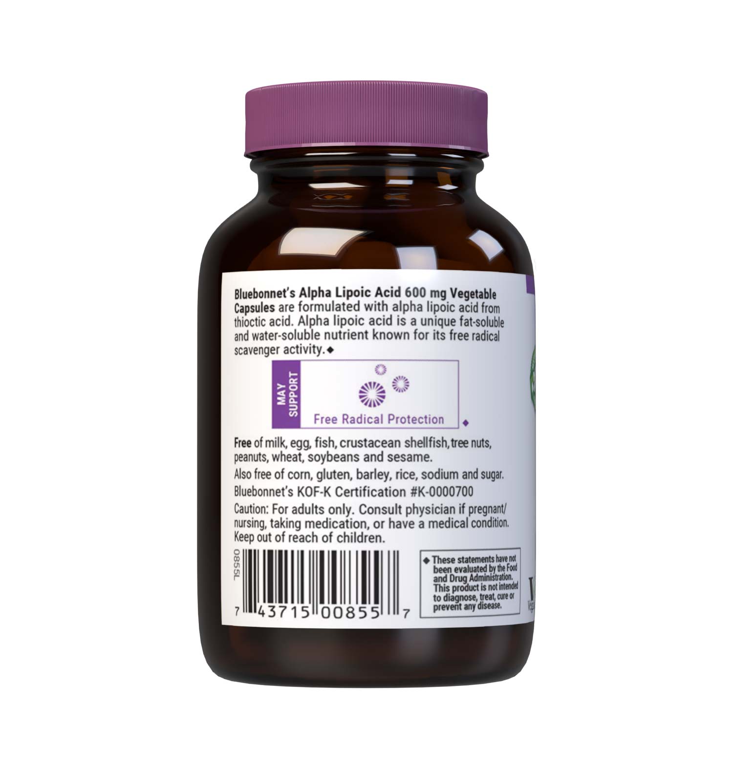 Bluebonnet’s Alpha Lipoic Acid 600 mg 30 Vegetable Capsules are formulated with alpha lipoic acid in its crystalline form. Alpha lipoic acid is a unique antioxidant that is both fat-soluble and water-soluble, and is known for its free radical scavenger activity. Description panel. #size_30 count