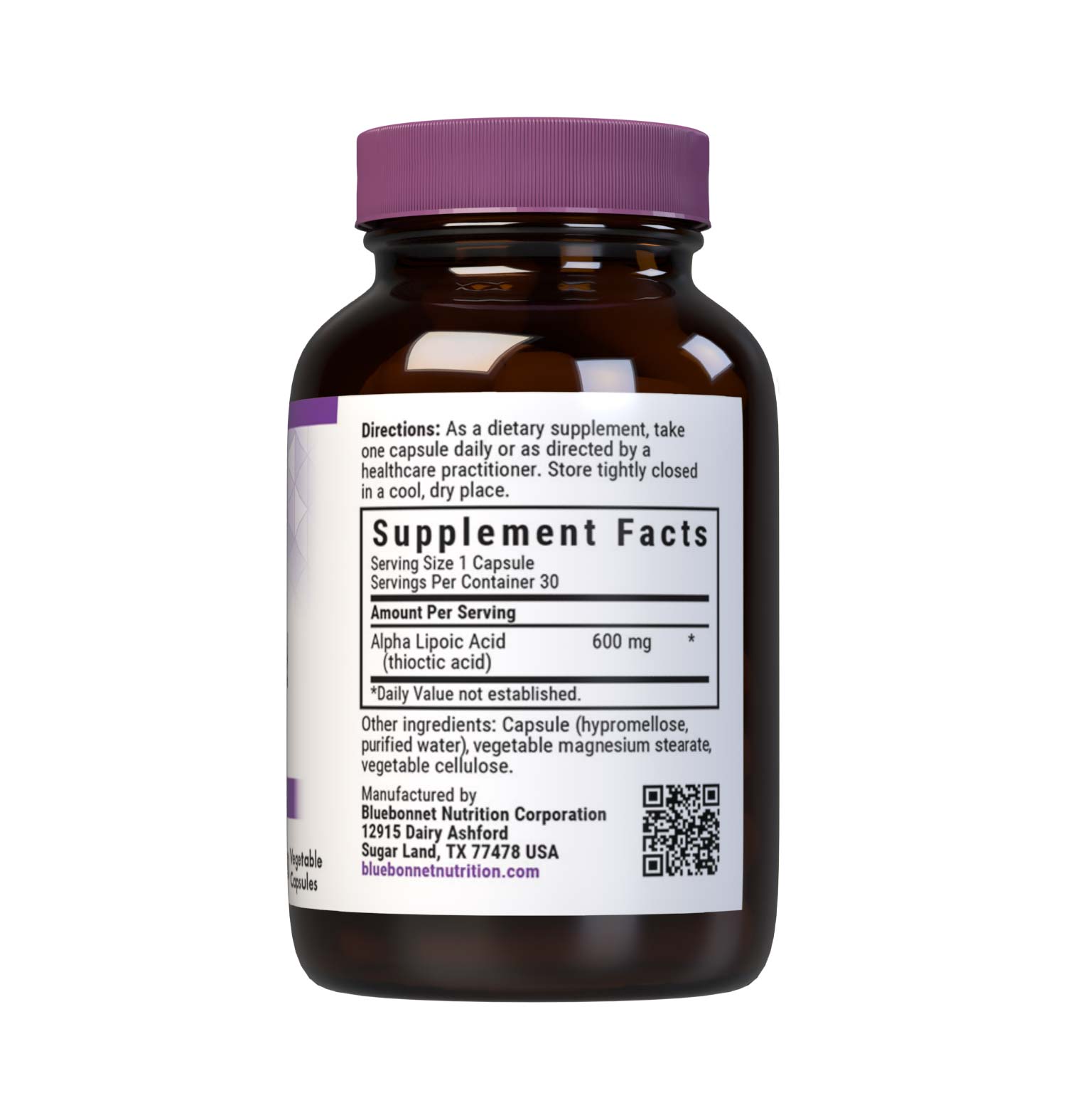 Bluebonnet’s Alpha Lipoic Acid 600 mg 30 Vegetable Capsules are formulated with alpha lipoic acid in its crystalline form. Alpha lipoic acid is a unique antioxidant that is both fat-soluble and water-soluble, and is known for its free radical scavenger activity. Supplement facts panel. #size_30 count