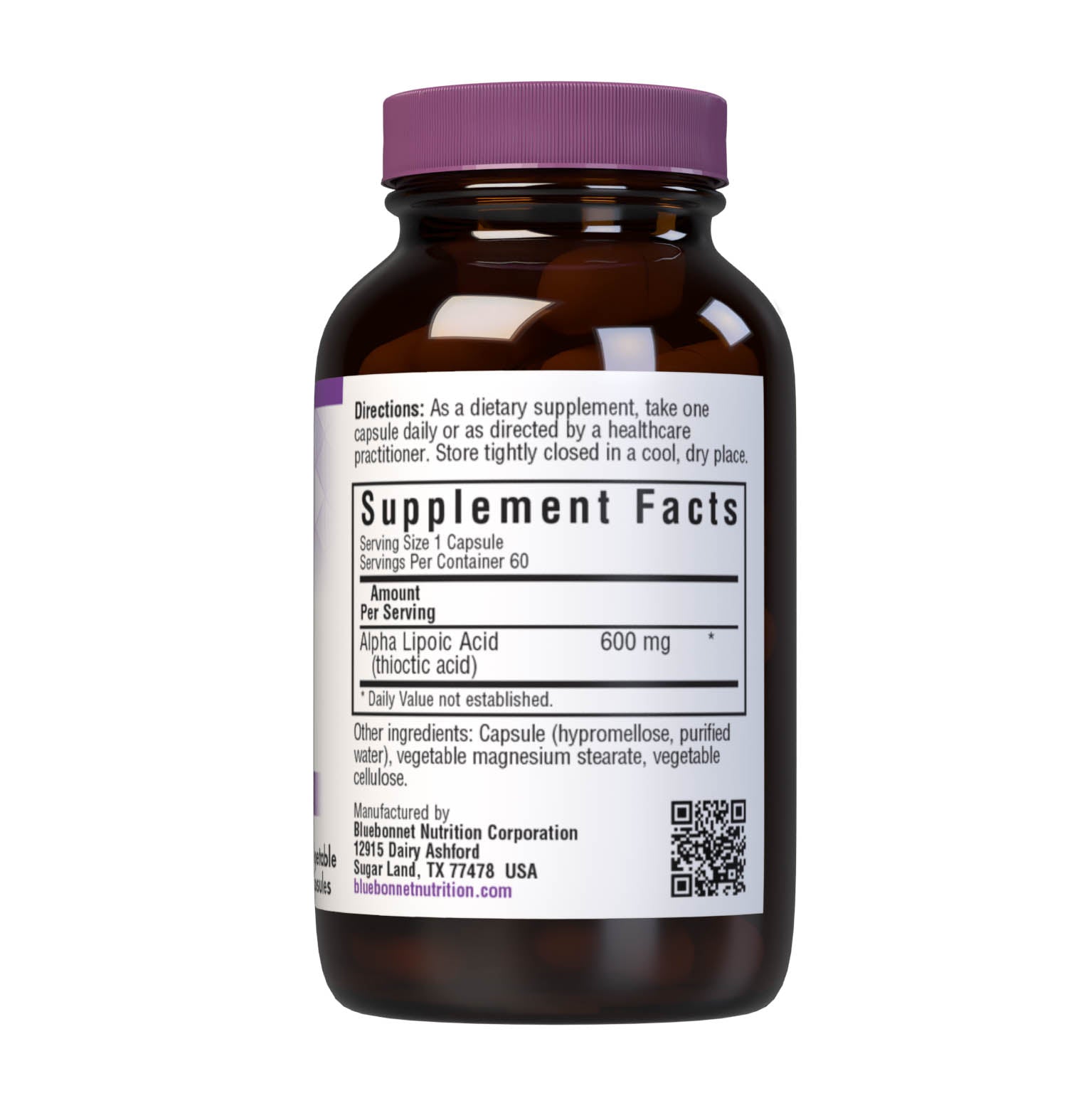 Bluebonnet’s Alpha Lipoic Acid 600 mg 60 Vegetable Capsules are formulated with alpha lipoic acid in its crystalline form. Alpha lipoic acid is a unique antioxidant that is both fat-soluble and water-soluble, and is known for its free radical scavenger activity. Supplement facts panel. #size_60 count