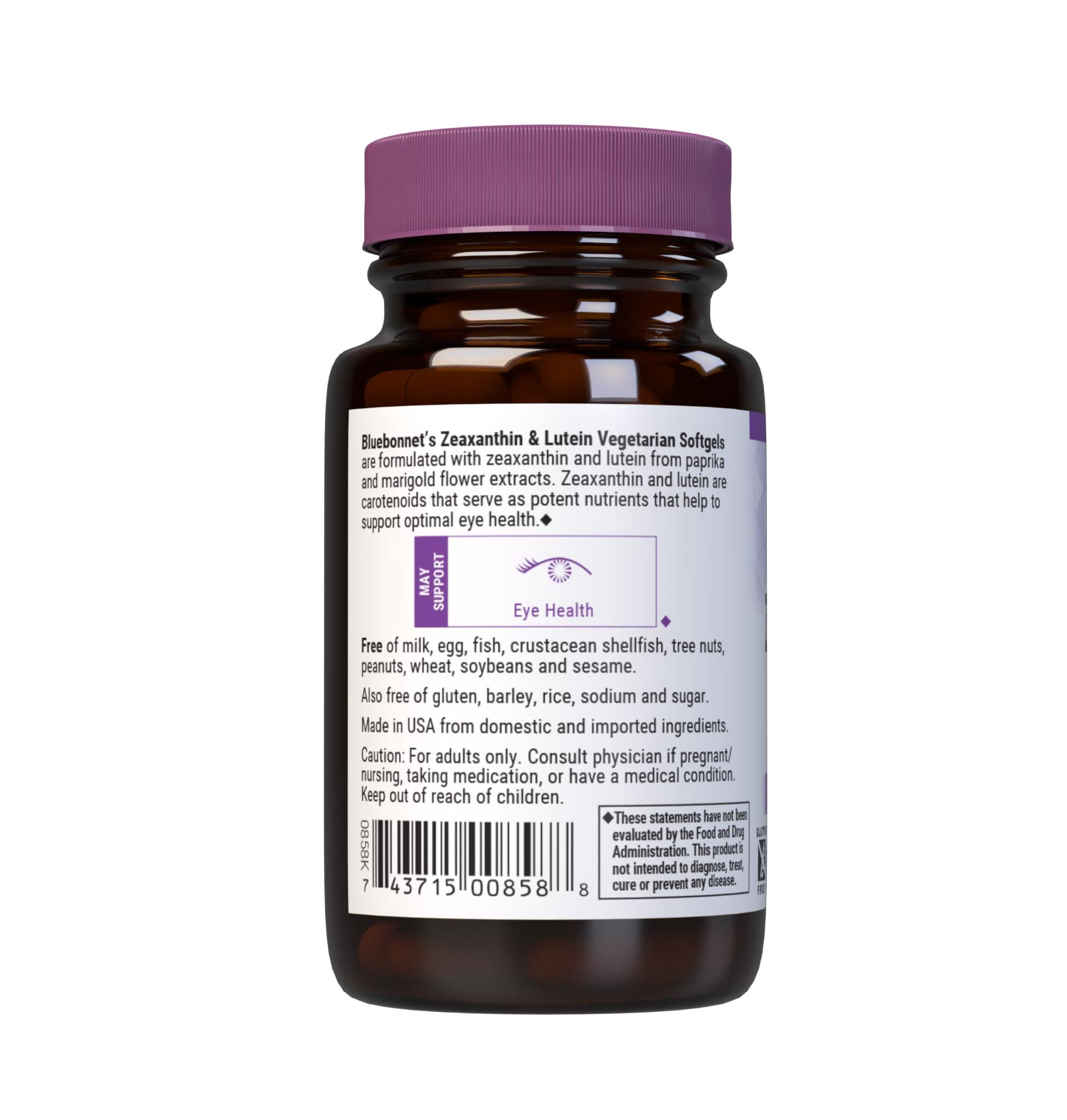 Bluebonnet’s Zeaxanthin & Lutein 30 Softgels are formulated with zeaxanthin and lutein from paprika and marigold flower extracts. Zeaxanthin and lutein are carotenoids that serve as potent nutrients to support optimal eye health. Description panel. #size_30 count