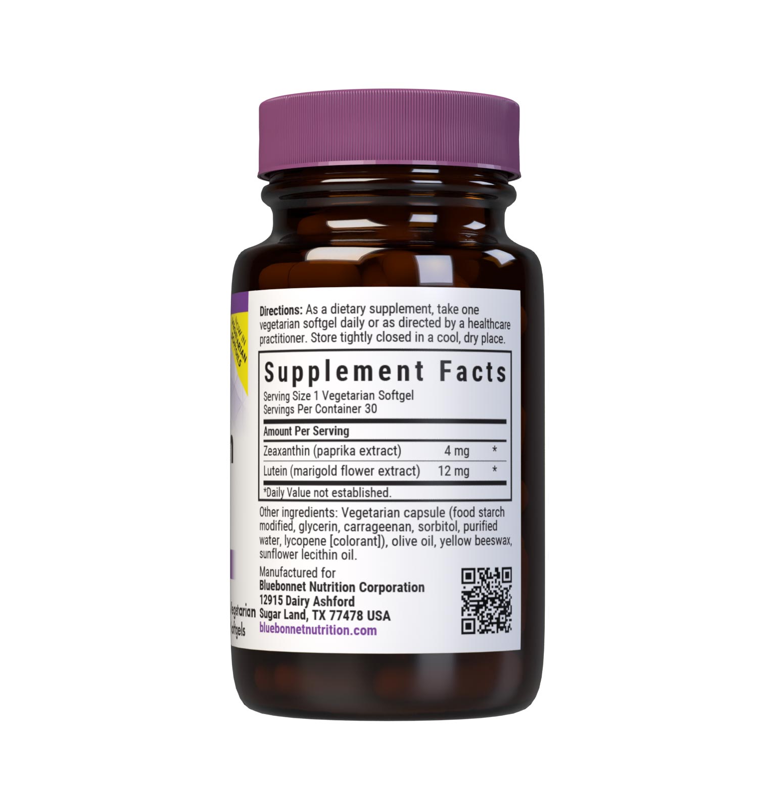 Bluebonnet’s Zeaxanthin & Lutein 30 Softgels are formulated with zeaxanthin and lutein from paprika and marigold flower extracts. Zeaxanthin and lutein are carotenoids that serve as potent nutrients to support optimal eye health. Supplement facts panel. #size_30 count