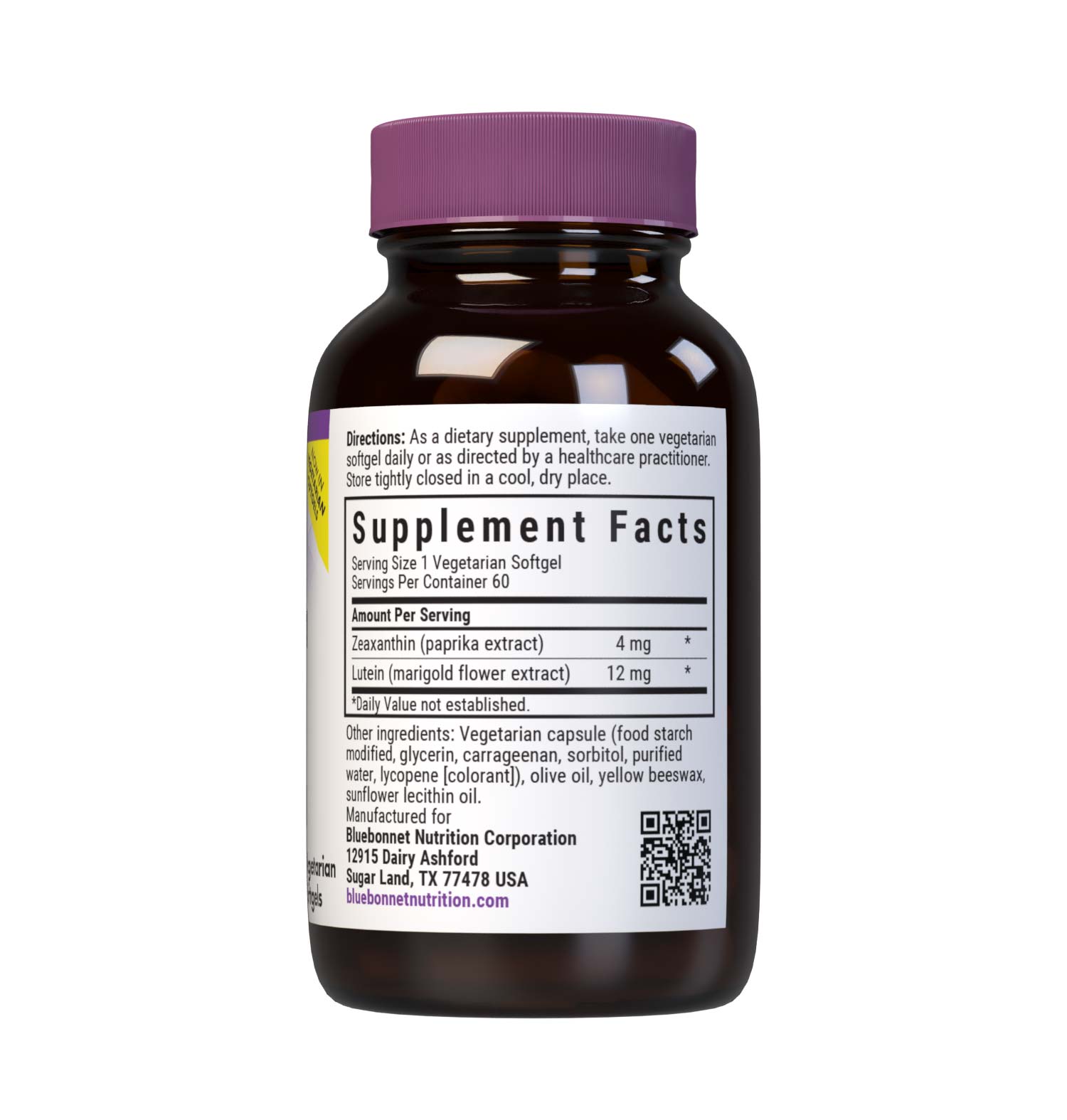 Bluebonnet’s Zeaxanthin & Lutein 60 Softgels are formulated with zeaxanthin and lutein from paprika and marigold flower extracts. Zeaxanthin and lutein are carotenoids that serve as potent nutrients to support optimal eye health. Supplement facts panel. #size_60 count