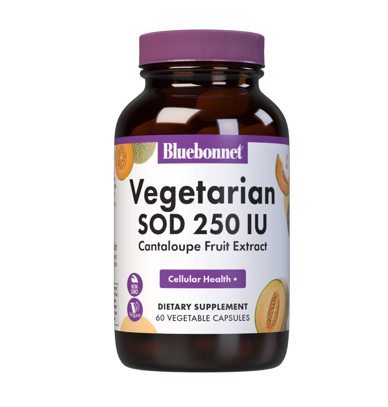 Bluebonnet’s Super Fruit Vegetarian SOD 250 IU Cantaloupe Melon Fruit Extract 60 Vegetable Capsules are formulated with the first orally effective, vegetarian form of superoxide dismutase (SOD) from cantaloupe melon in a gliadin complex. #size_60 count