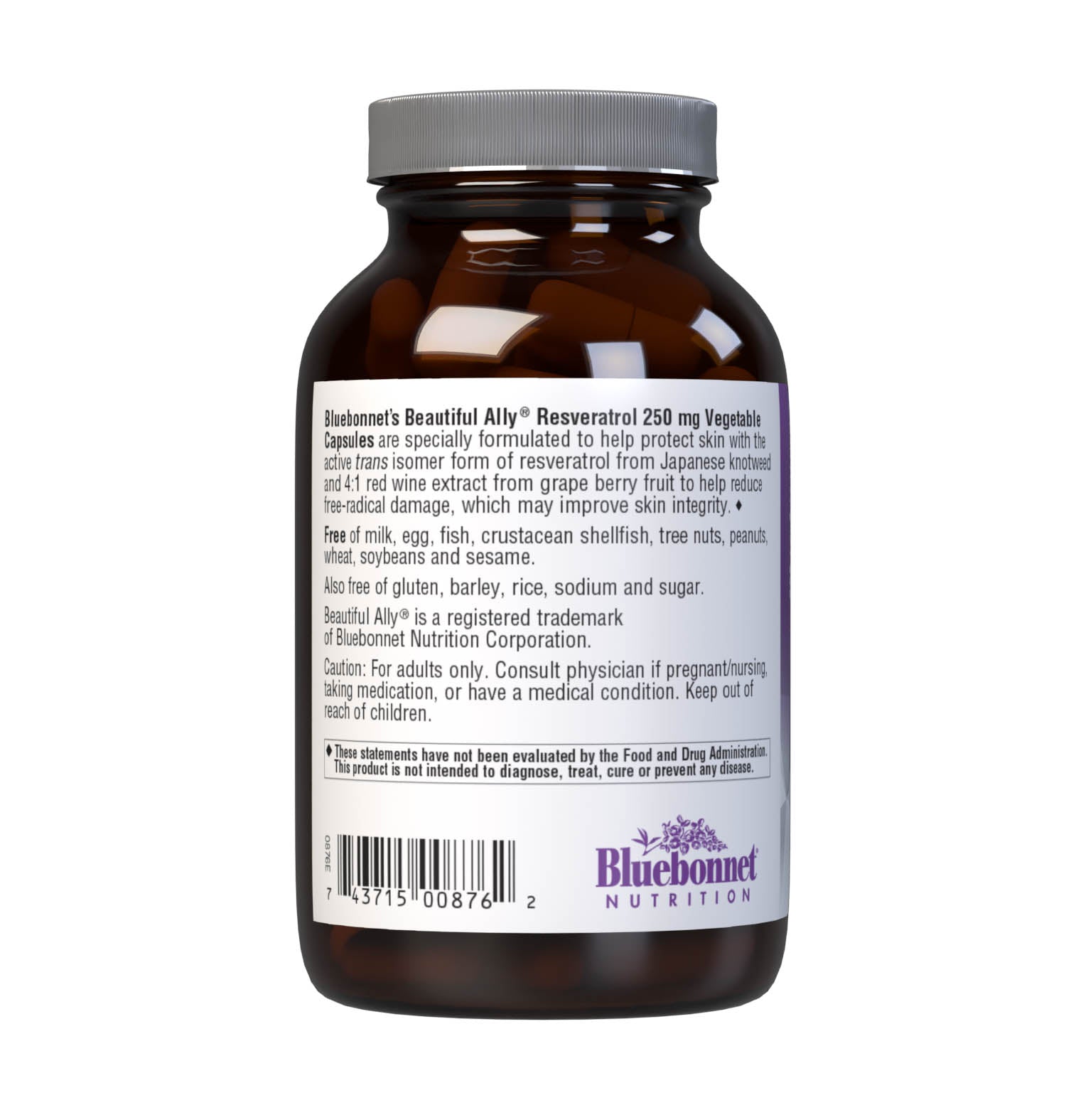 Bluebonnet’s Beautiful Ally Resveratrol 250 mg 30 Vegetable Capsules are specially formulated to help protect skin with the active trans isomer form of resveratrol from Japanese knotweed and 4:1 red wine extract from grape berry fruit to help reduce free-radical damage, which may improve skin integrity. Description panel. #size_30 count