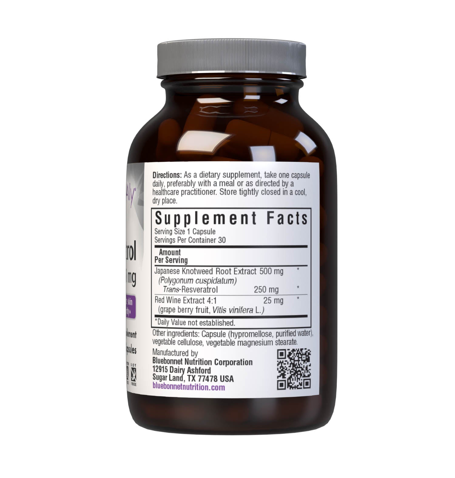 Bluebonnet’s Beautiful Ally Resveratrol 250 mg 30 Vegetable Capsules are specially formulated to help protect skin with the active trans isomer form of resveratrol from Japanese knotweed and 4:1 red wine extract from grape berry fruit to help reduce free-radical damage, which may improve skin integrity. Supplement facts panel. #size_30 count