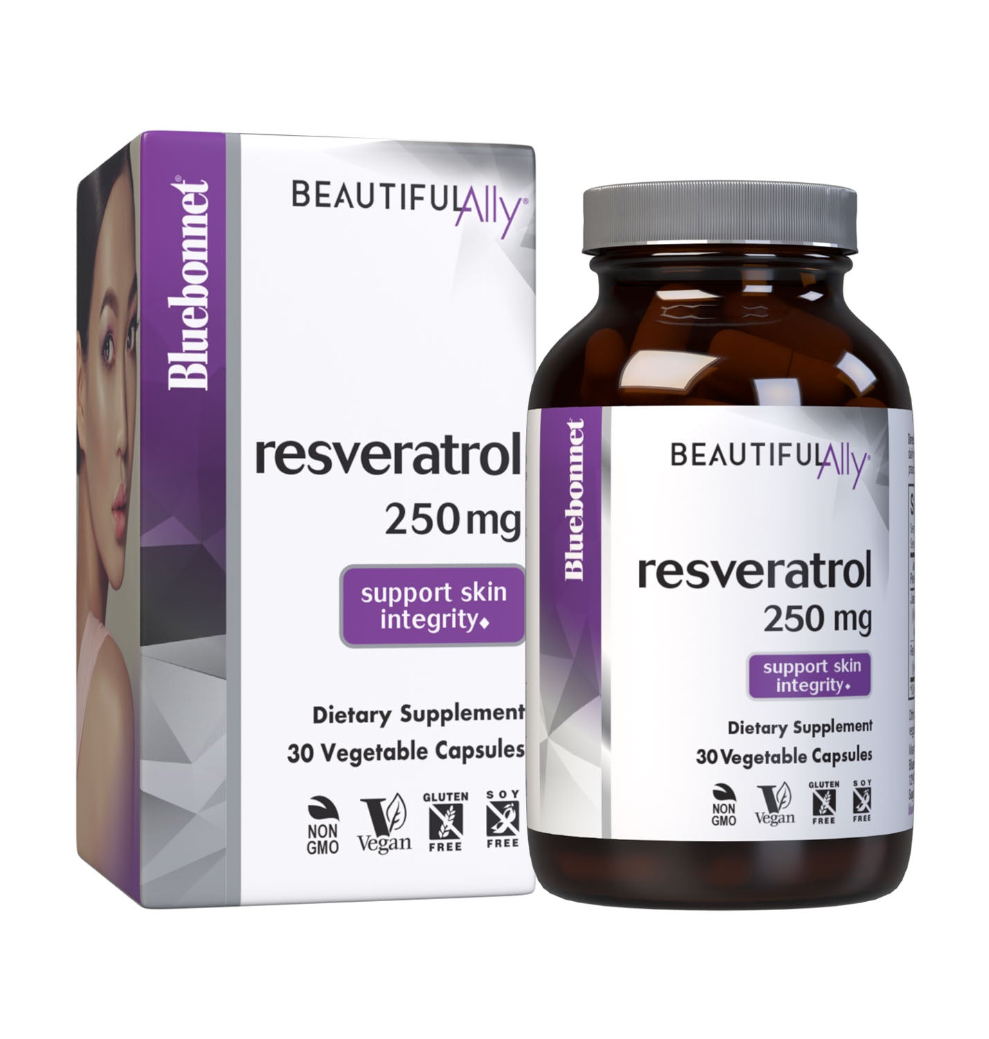 Bluebonnet’s Beautiful Ally Resveratrol 250 mg 30 Vegetable Capsules are specially formulated to help protect skin with the active trans isomer form of resveratrol from Japanese knotweed and 4:1 red wine extract from grape berry fruit to help reduce free-radical damage, which may improve skin integrity. Bottle with box. #size_30 count