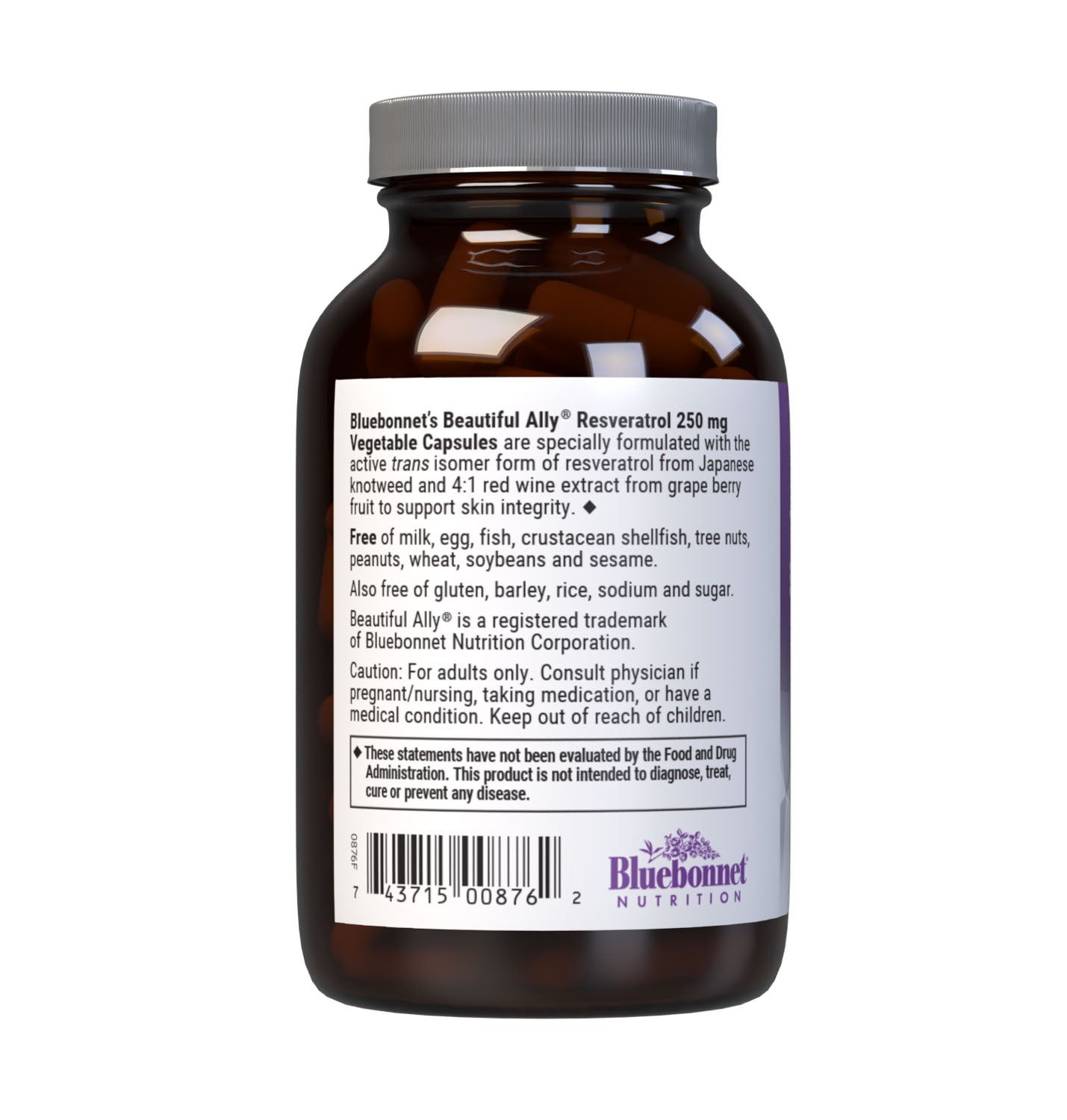 Bluebonnet’s Beautiful Ally Resveratrol 250 mg 30 Vegetable Capsules are specially formulated to help protect skin with the active trans isomer form of resveratrol from Japanese knotweed and 4:1 red wine extract from grape berry fruit to help reduce free-radical damage, which may improve skin integrity. Description panel. #size_30 count