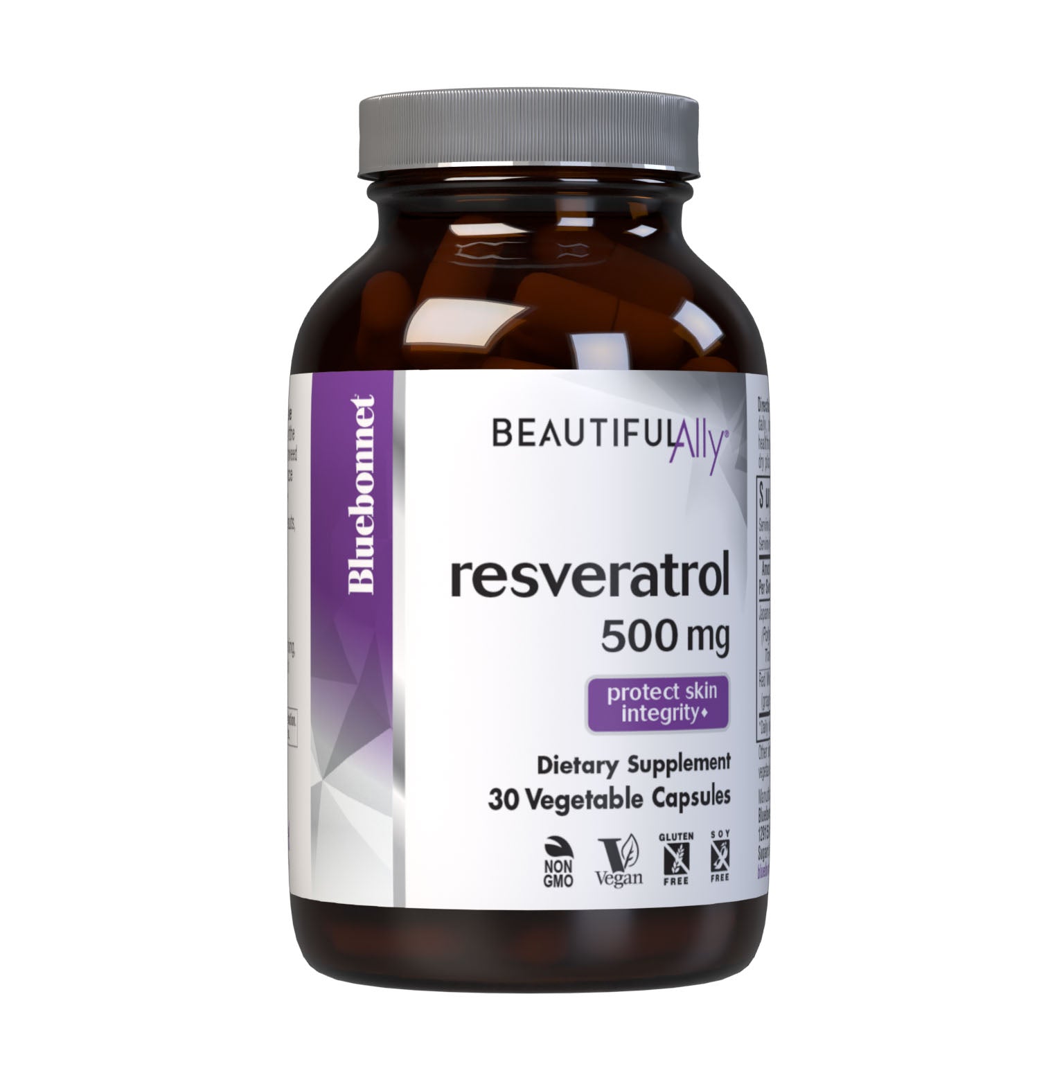Bluebonnet’s Beautiful Ally Resveratrol 500 mg 30 Vegetable Capsules are specially formulated to help protect skin with the active trans isomer form of resveratrol from Japanese knotweed and 4:1 red wine extract from grape berry fruit to help reduce free-radical damage, which may improve skin integrity. #size_30 count