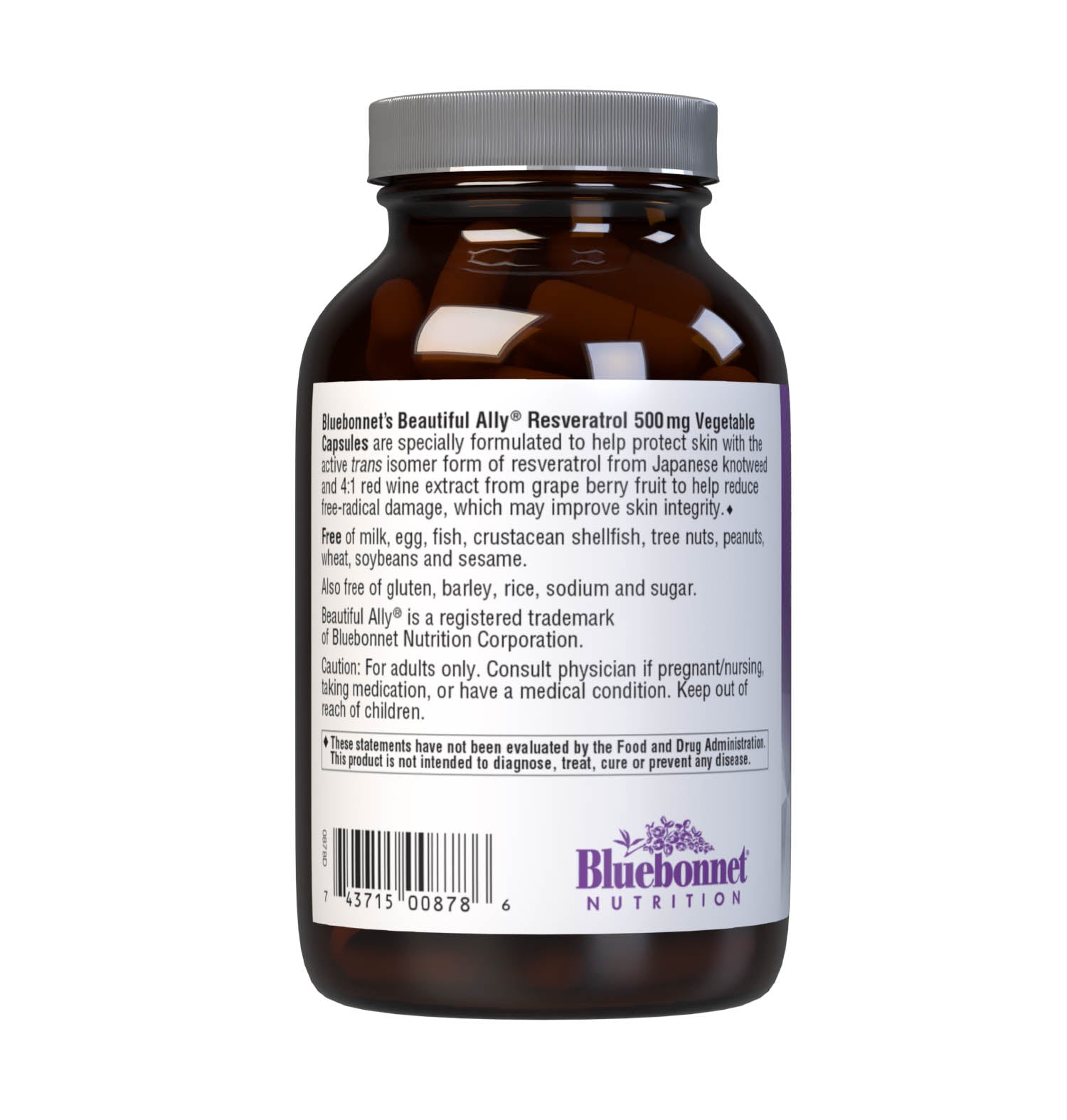 Bluebonnet’s Beautiful Ally Resveratrol 500 mg 30 Vegetable Capsules are specially formulated to help protect skin with the active trans isomer form of resveratrol from Japanese knotweed and 4:1 red wine extract from grape berry fruit to help reduce free-radical damage, which may improve skin integrity. Description panel. #size_30 count