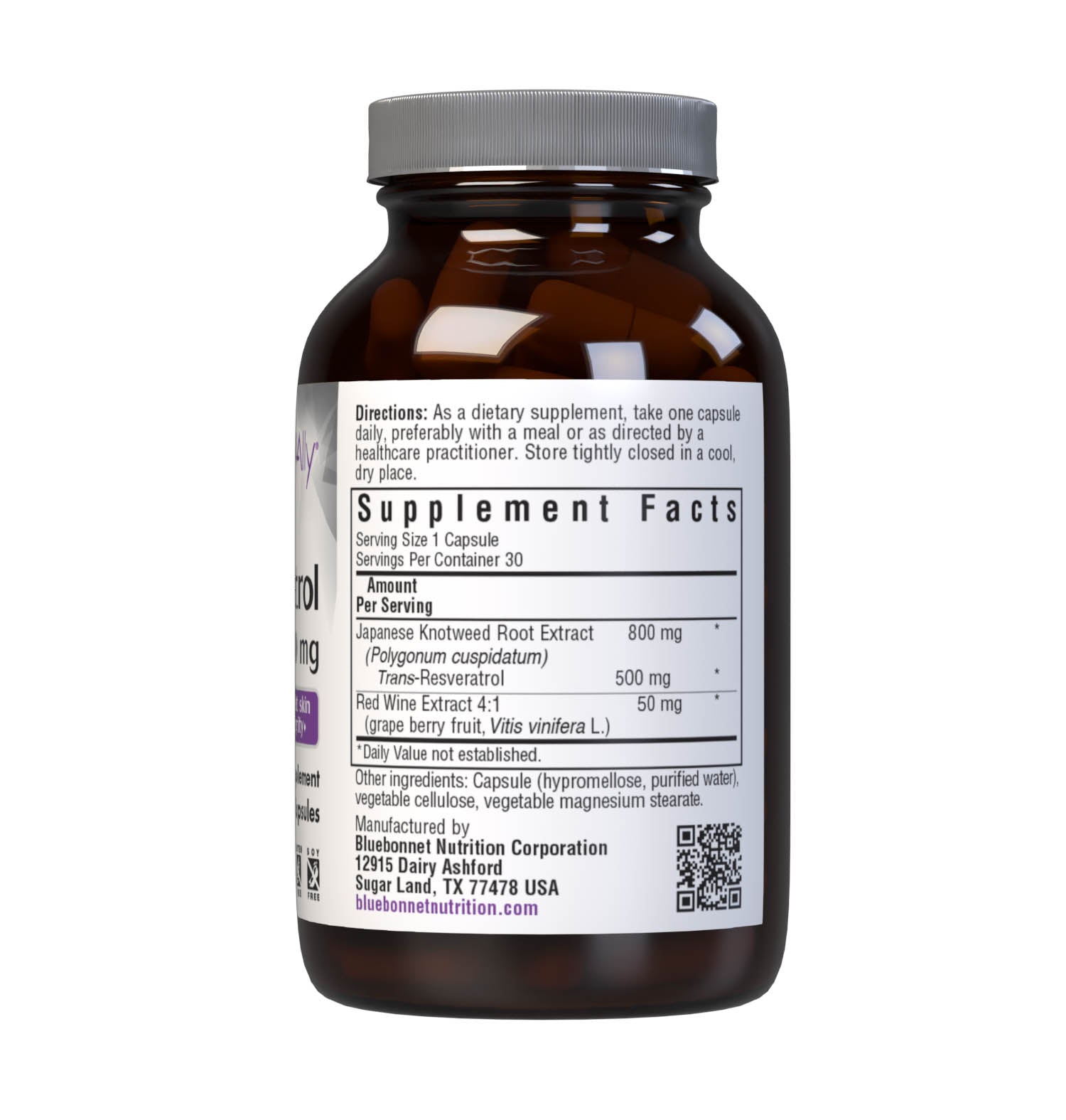 Bluebonnet’s Beautiful Ally Resveratrol 500 mg 30 Vegetable Capsules are specially formulated to help protect skin with the active trans isomer form of resveratrol from Japanese knotweed and 4:1 red wine extract from grape berry fruit to help reduce free-radical damage, which may improve skin integrity. Supplement facts panel. #size_30 count