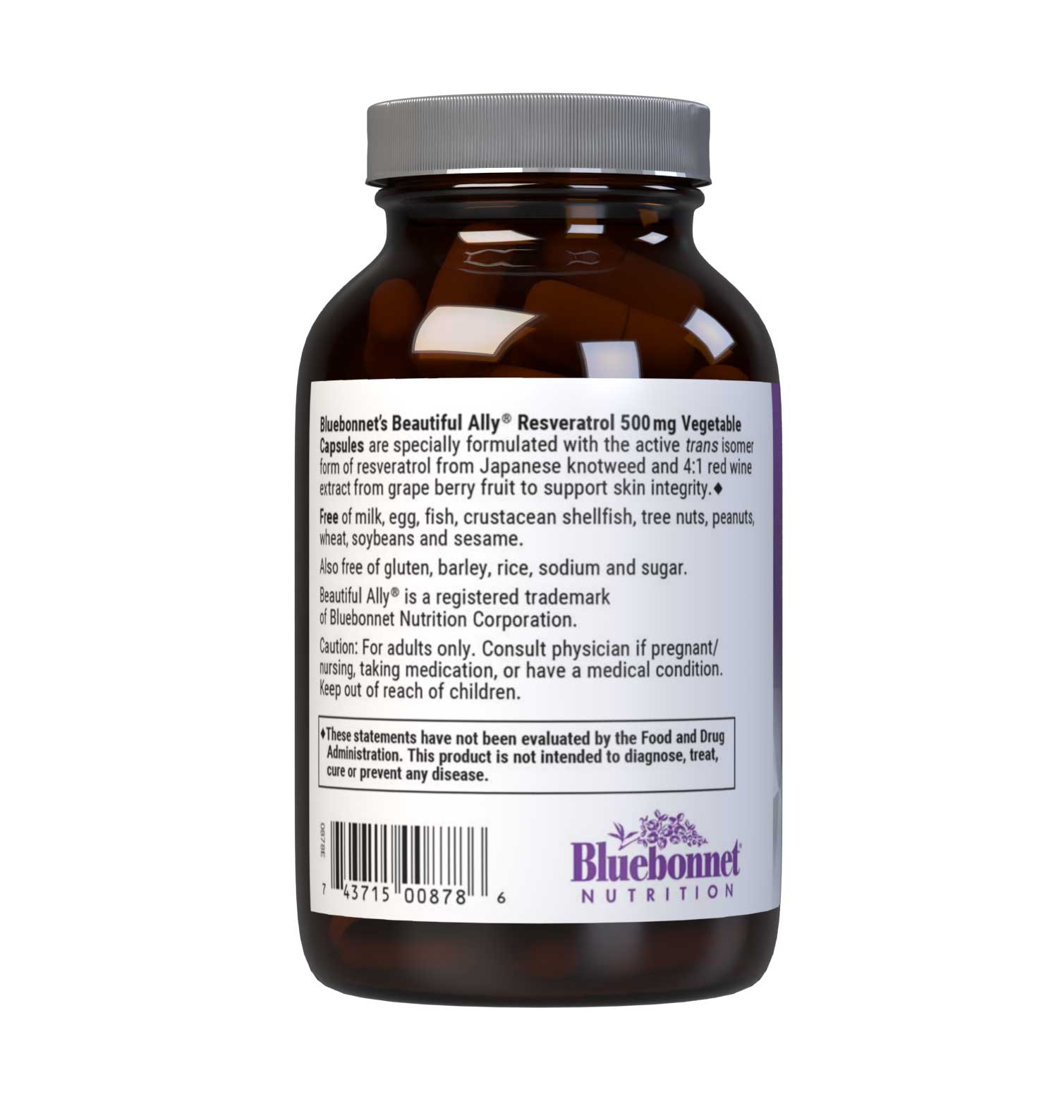Bluebonnet’s Beautiful Ally Resveratrol 500 mg 30 Vegetable Capsules are specially formulated to help protect skin with the active trans isomer form of resveratrol from Japanese knotweed and 4:1 red wine extract from grape berry fruit to help reduce free-radical damage, which may improve skin integrity. Description panel. #size_30 count