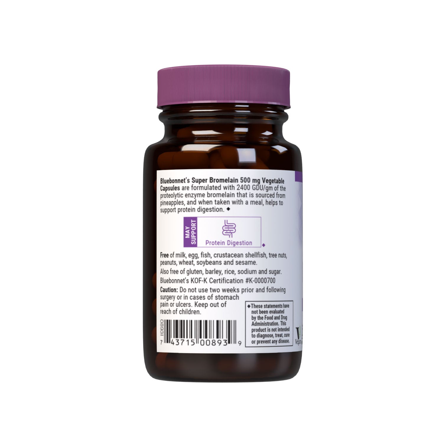 Bluebonnet’s Super Bromelain 500 mg 30 Vegetable Capsules are formulated with 2400 GDU/gm of bromelain from pineapple. Bromelain assists in the digestion of protein. Description panel. #size_30 count