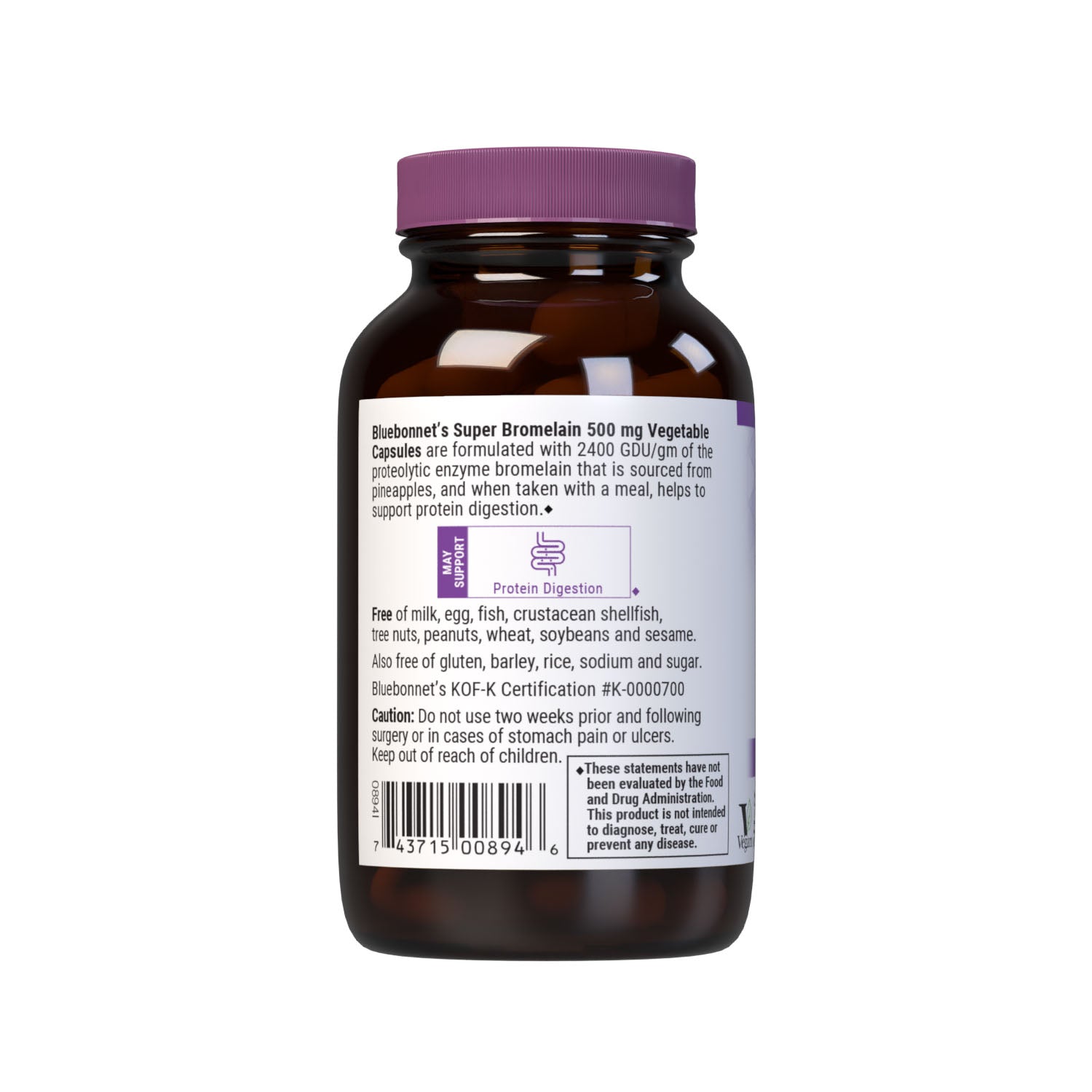 Bluebonnet’s Super Bromelain 500 mg 60 Vegetable Capsules are formulated with 2400 GDU/gm of bromelain from pineapple. Bromelain assists in the digestion of protein. Description panel. #size_60 count