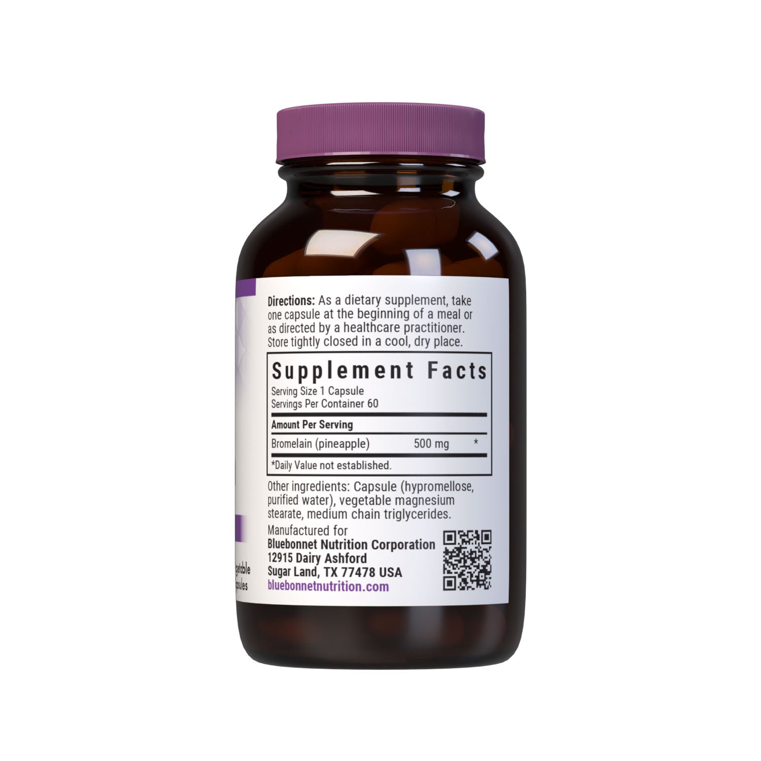 Bluebonnet’s Super Bromelain 500 mg 60 Vegetable Capsules are formulated with 2400 GDU/gm of bromelain from pineapple. Bromelain assists in the digestion of protein. Supplement facts panel. #size_60 count