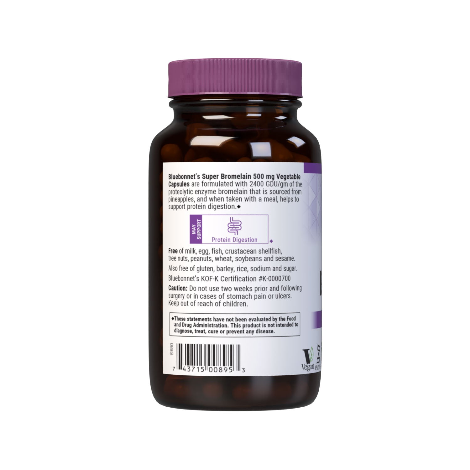 Bluebonnet’s Super Bromelain 500 mg 120 Vegetable Capsules are formulated with 2400 GDU/gm of bromelain from pineapple. Bromelain assists in the digestion of protein. Description panel. #size_120 count