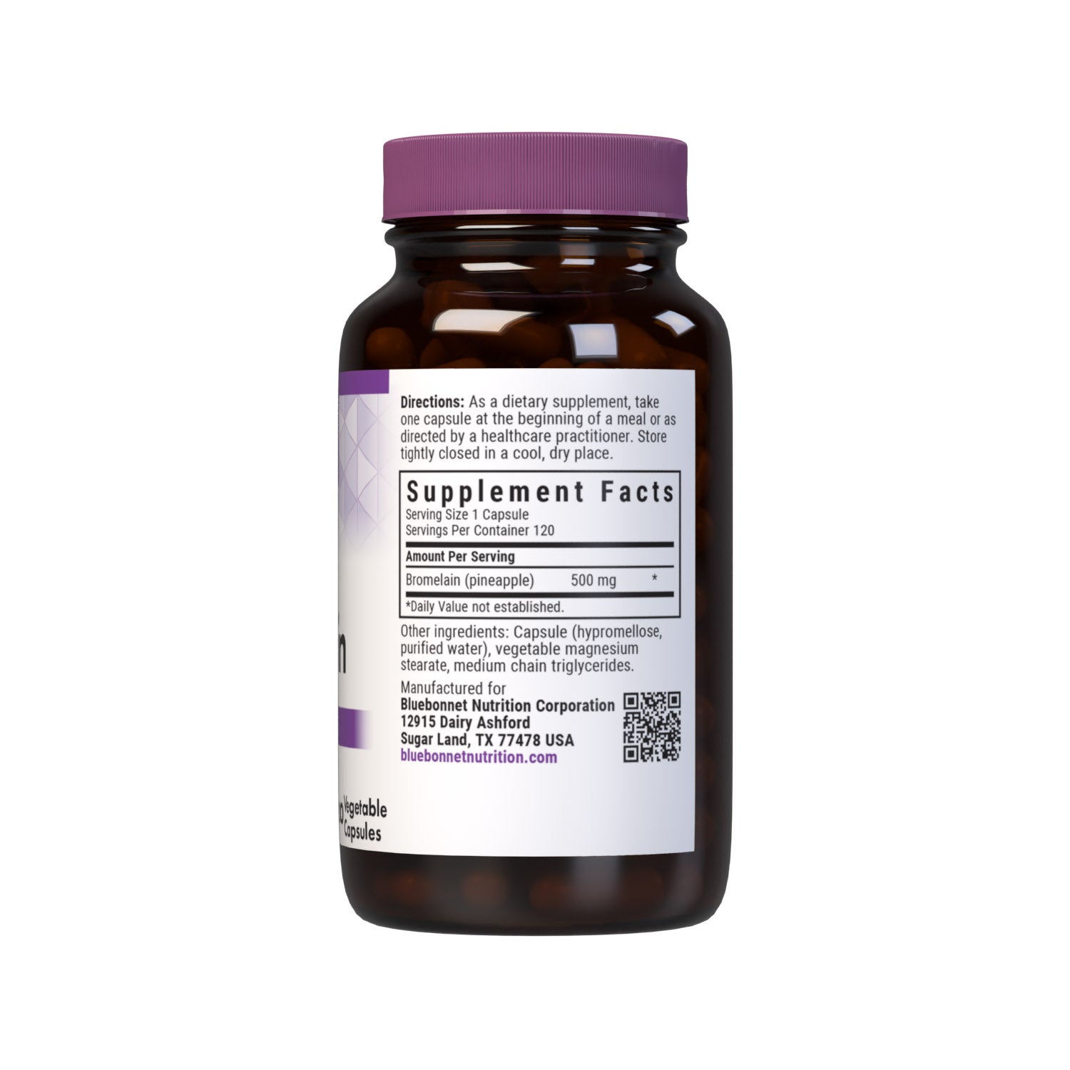 Bluebonnet’s Super Bromelain 500 mg 120 Vegetable Capsules are formulated with 2400 GDU/gm of bromelain from pineapple. Bromelain assists in the digestion of protein. Supplement facts panel. #size_120 count