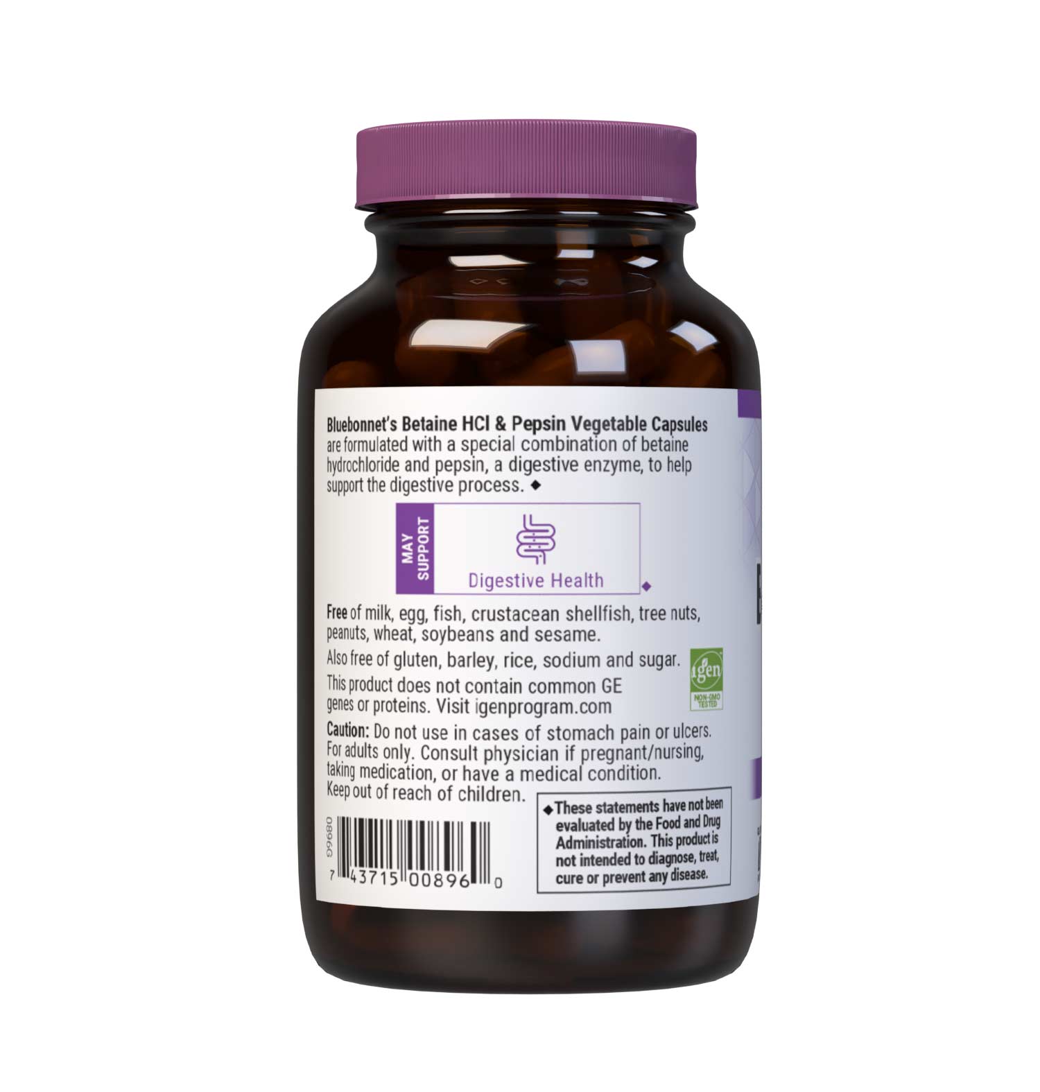 Bluebonnet’s Betaine HCl Plus Pepsin 90 Vegetable Capsules are formulated with a special combination of betaine hydrochloride and pepsin, a digestive enzyme. Description panel. #size_90 count