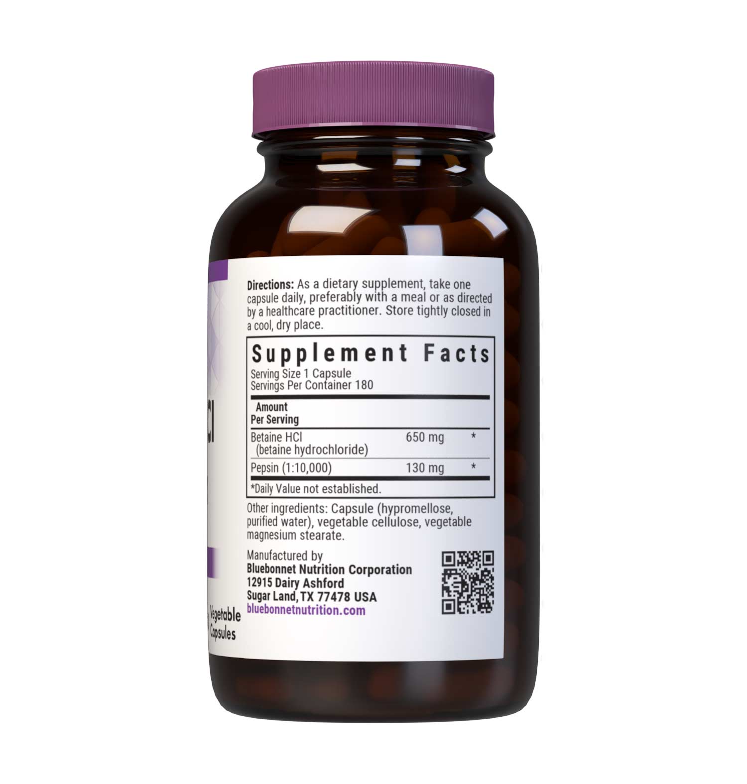 Bluebonnet’s Betaine HCl Plus Pepsin 180 Vegetable Capsules are formulated with a special combination of betaine hydrochloride and pepsin, a digestive enzyme. Supplement facts panel. #size_180 count