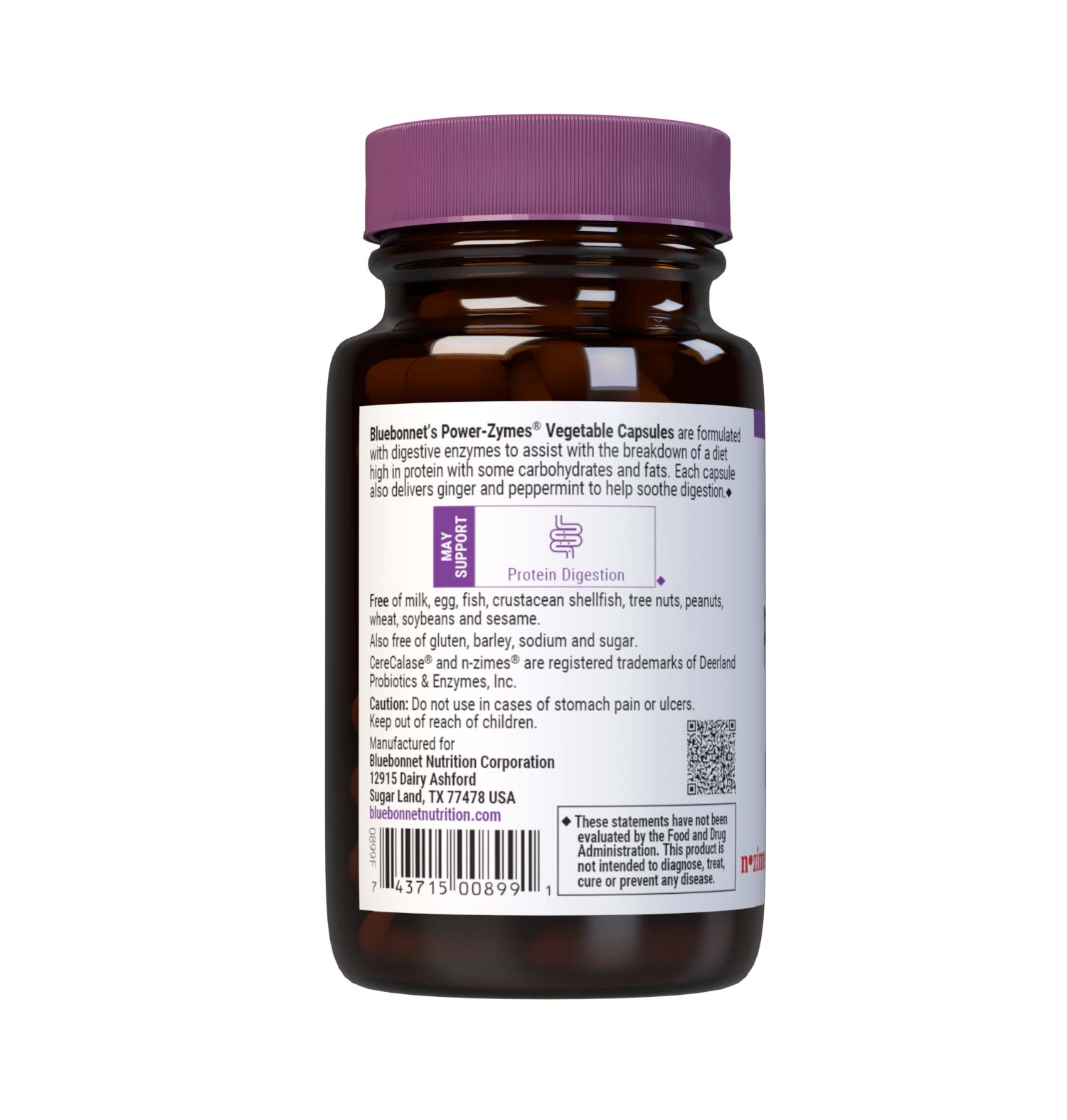 Bluebonnet’s Power-Zymes 60 Vegetable Capsules are formulated with digestive enzymes to help break down of a diet high in protein with some carbohydrates and fats. Each capsule also delivers ginger and peppermint to help soothe digestion. Description panel. #size_60 count