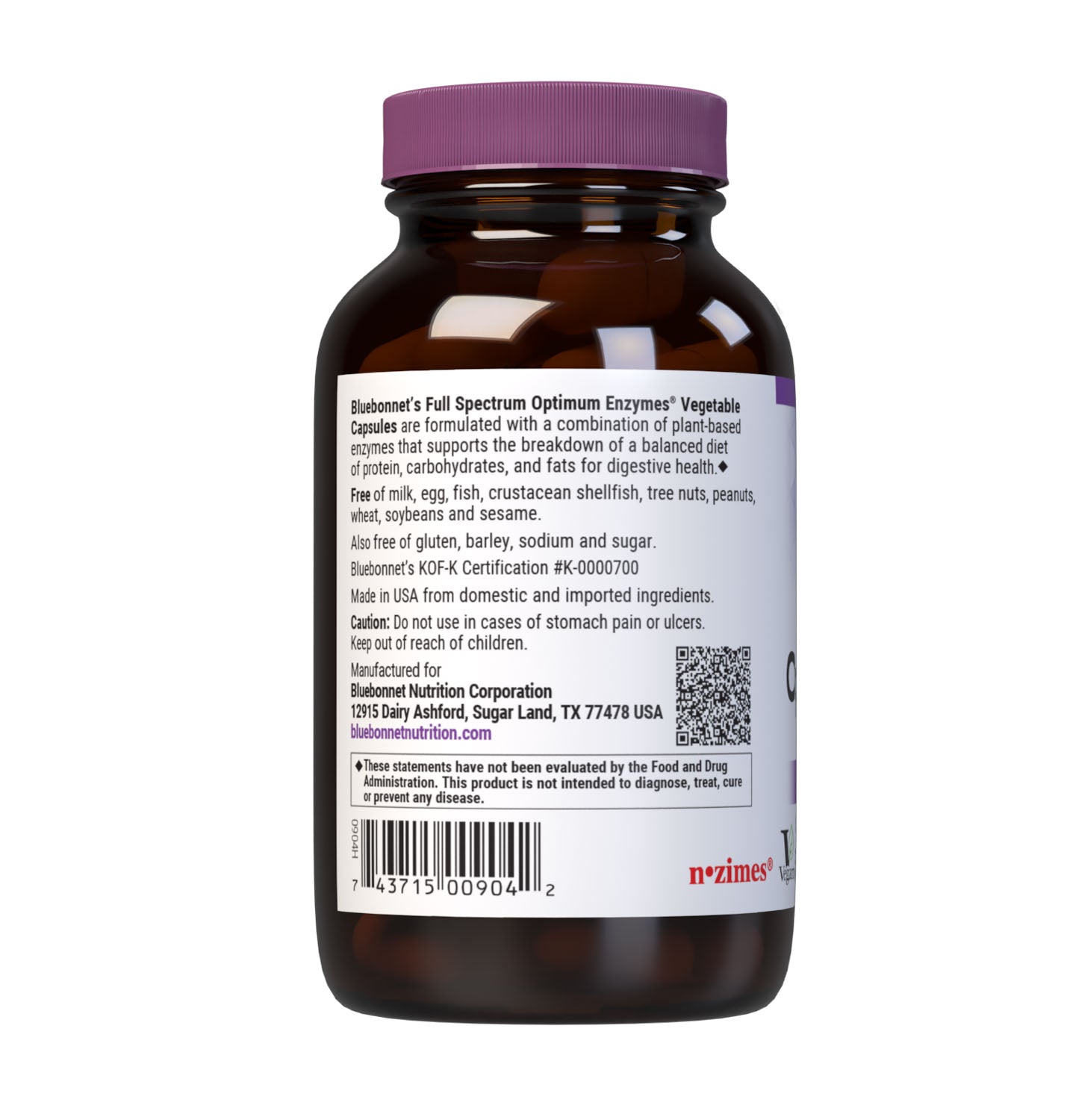 Bluebonnet’s Full Spectrum Optimum Enzymes 90 Vegetable Capsules are formulated with a combination of plant-based enzymes that help support the breakdown of protein, carbohydrates, and fats for digestive health. Description panel. #size_90 count