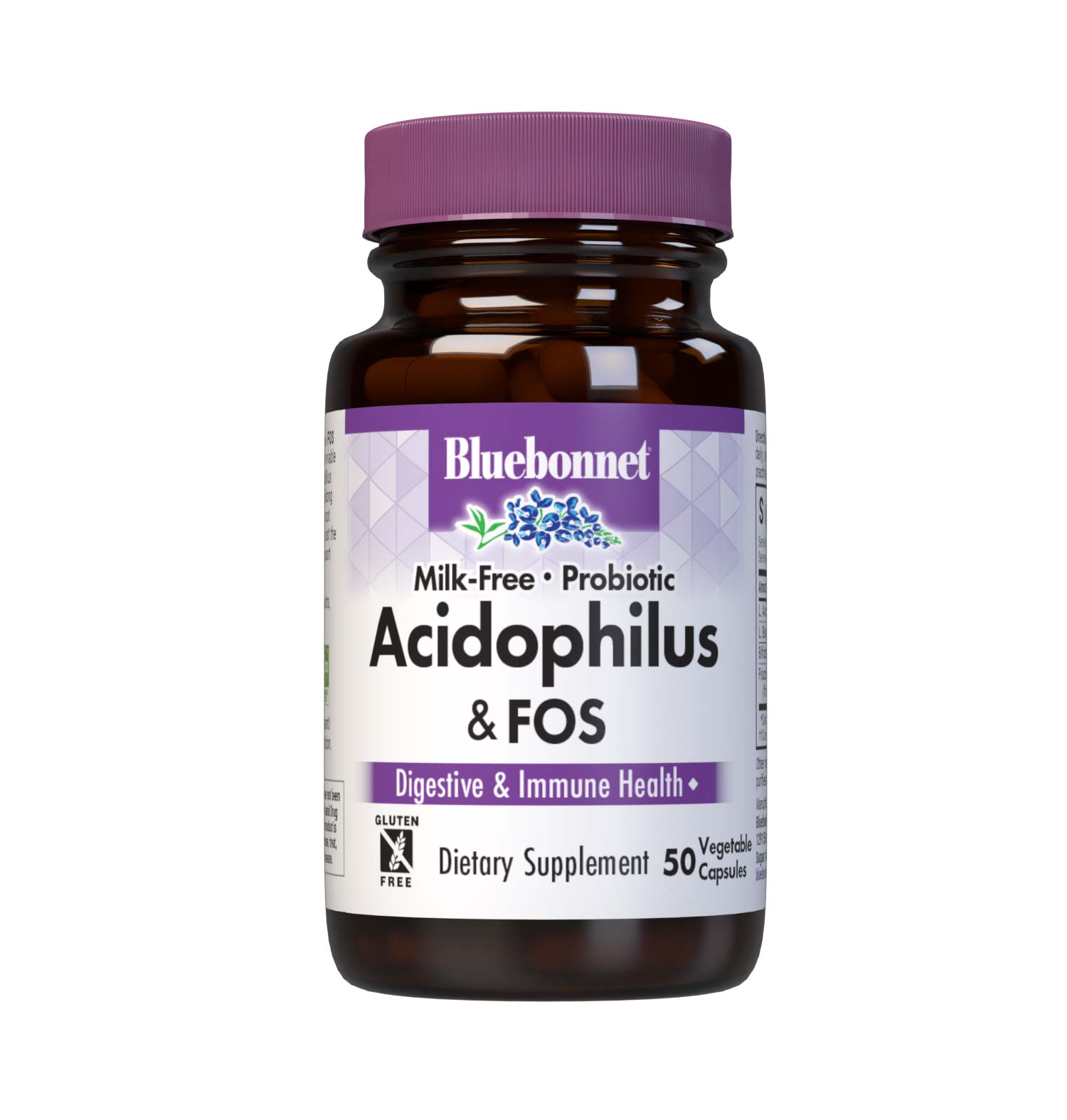 Bluebonnet’s Milk-Free Probiotic Acidophilus & FOS 50 Vegetable Capsules are formulated with over three billion viable cultures from lactobacillus acidophilus, lactobacillus bulgaricus, bifidobacterium bifidum strains along with FOS (fructooligosaccharides) from chicory root extract. This probiotic formula is designed to assist the growth of friendly bacteria in the gut to help support digestive and immune health. #size_50 count