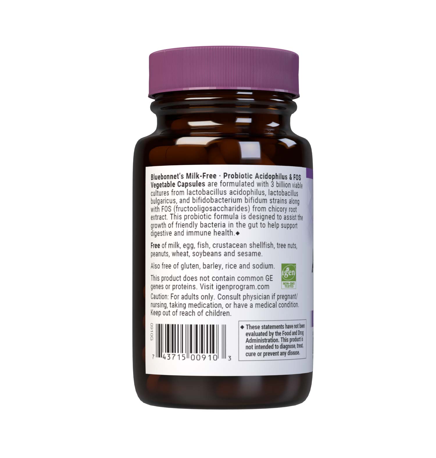 Bluebonnet’s Milk-Free Probiotic Acidophilus & FOS 50 Vegetable Capsules are formulated with over three billion viable cultures from lactobacillus acidophilus, lactobacillus bulgaricus, bifidobacterium bifidum strains along with FOS (fructooligosaccharides) from chicory root extract. This probiotic formula is designed to assist the growth of friendly bacteria in the gut to help support digestive and immune health. Description panel. #size_50 count