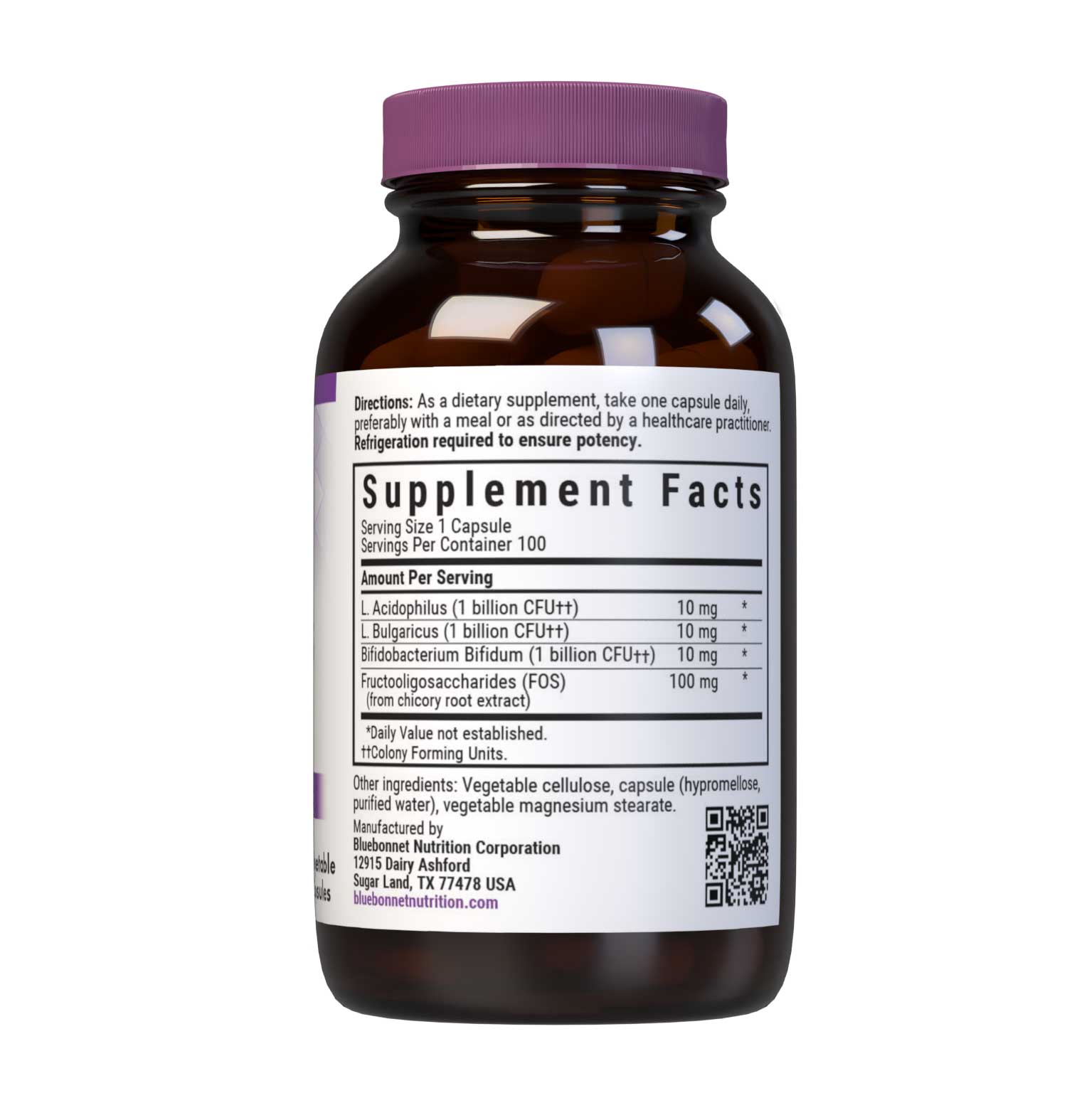 Bluebonnet’s Milk-Free Probiotic Acidophilus & FOS 100 Vegetable Capsules are formulated with over three billion viable cultures from lactobacillus acidophilus, lactobacillus bulgaricus, bifidobacterium bifidum strains along with FOS (fructooligosaccharides) from chicory root extract. This probiotic formula is designed to assist the growth of friendly bacteria in the gut to help support digestive and immune health. Supplement facts panel. #size_100 count